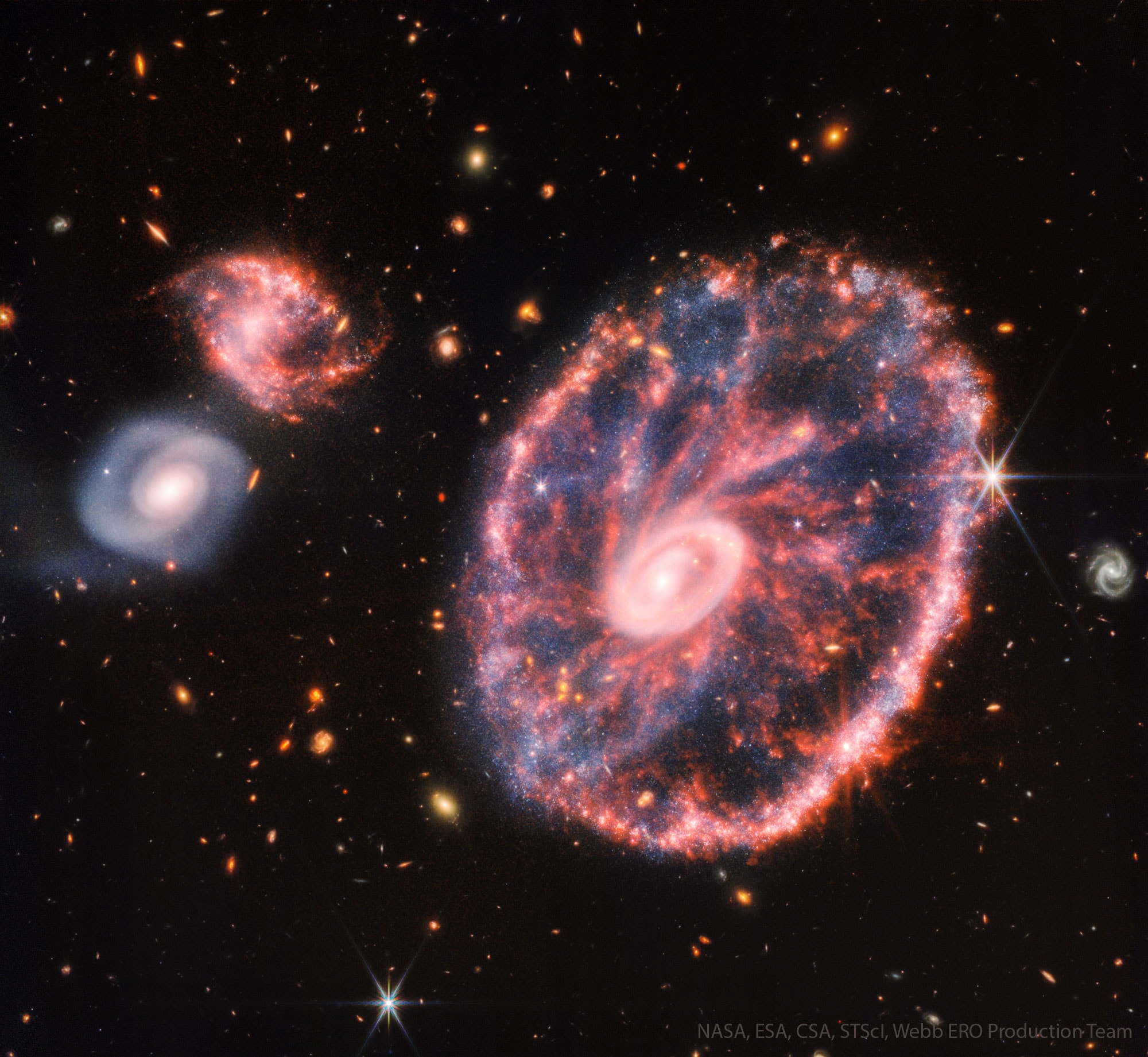 To some, it looks like a wheel of a cart. In fact, because of its outward appearance, the presence of a central galaxy, and its connection with what looks like the spokes of a wheel, the galaxy on the right is known as the Cartwheel Galaxy. To others, however, it looks like a complicated interaction between galaxies awaiting explanation. Along with the two galaxies on the left, the Cartwheel is part of a group of galaxies about 500 million light years away in the constellation Sculptor.  The large galaxy's rim spans over 100,000 light years and is composed of star forming regions filled with extremely bright and massive stars.  The Cartwheel's ring-like shape is the result of gravitational disruption caused by a smaller galaxy passing through a large one, compressing the interstellar gas and dust and causing a star formation wave to move out like a ripple across the surface of a pond. The featured recent image of the Cartwheel Galaxy by the Webb Space Telescope reveals new details not only about where stars are forming, but also about activity near the galaxy's central black hole.   Teachers & Students: Ideas for utilizing APOD in the classroom
