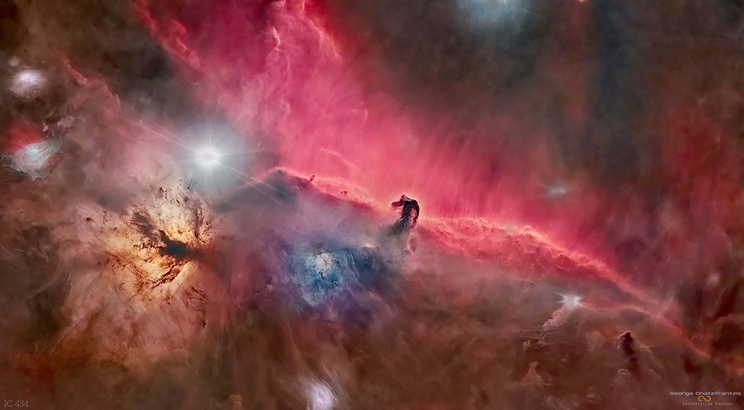 The famous Horsehead Nebula in Orion is not alone.  A deep exposure shows that the dark familiar shaped indentation, visible just right of center, is part of a vast complex of absorbing dust and glowing gas. The featured spectacular picture details an intricate tapestry of gaseous wisps and dust-laden filaments that were created and sculpted over eons by stellar winds and ancient supernovas.  The Flame Nebula is visible in orange just to the Horsehead's left. To highlight the dust and gas, most of the stars have been digitally removed, although a notable exception is Alnitak, just above the Flame Nebula, which is the rightmost star in Orion's famous belt of three aligned stars. The Horsehead Nebula lies 1,500 light years distant towards the constellation of Orion.   NASA Coverage: Artemis I Mission to the Moon  Teachers & Students: Ideas for utilizing APOD in the classroom