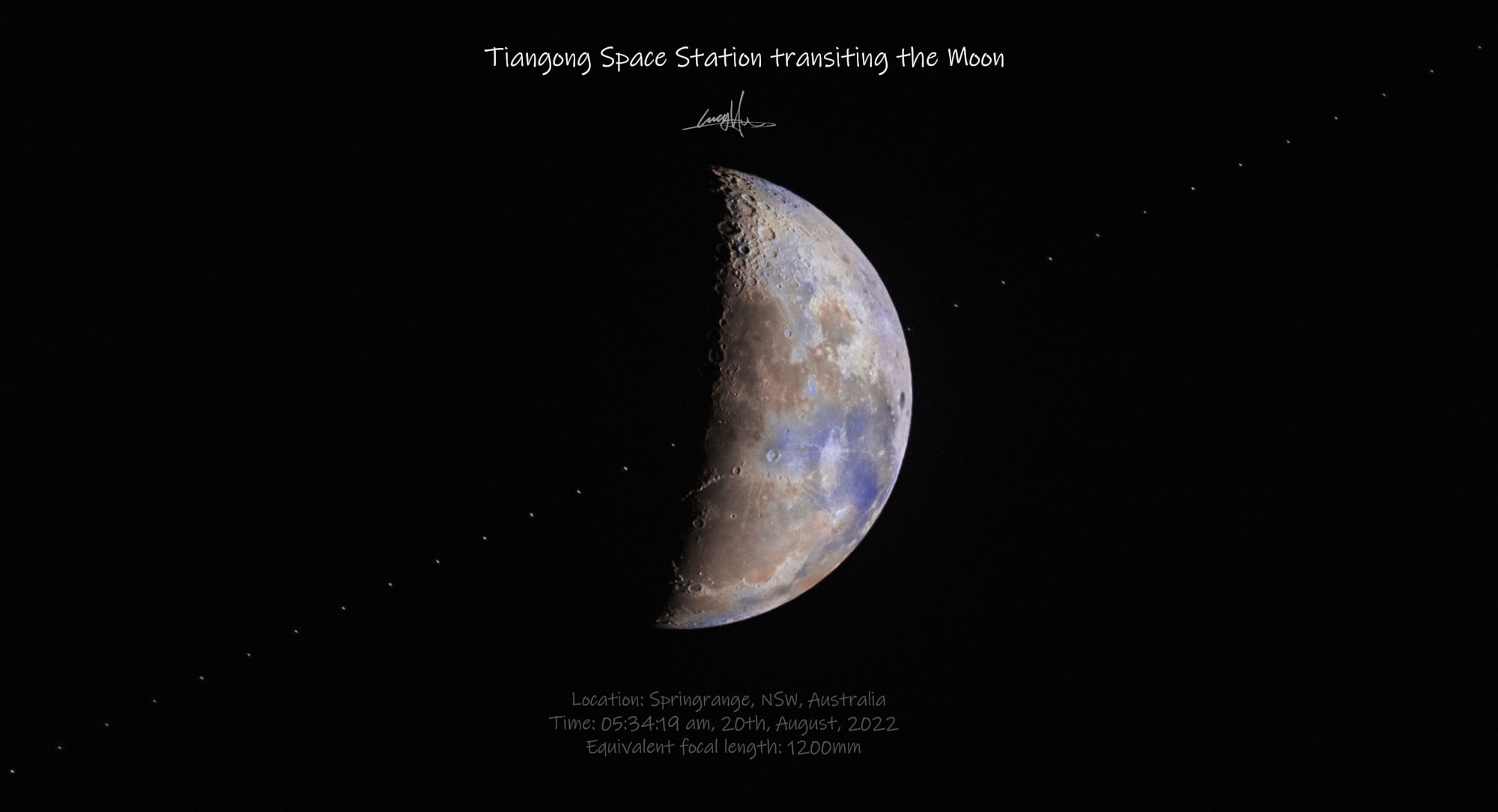 The rugged lunar south polar region lies at the top of this colorful portrait of a last quarter Moon made on August 20. Constructed from video frames and still images taken at Springrange, New South Wales, Australia it also captures a transit of China's Tiangong Space Station. The transit itself was fleeting, taking the space station less than a second to cross the shadowed and sunlit lunar disk. The low Earth orbiting Tiangong is at an altitude of about 400 kilometers, while the Moon is some 400,000 kilometers away. Subtle color differences along the bright lunar surface are revealed in the multiple stacked frames. Not visible to the eye, they indicate real differences in chemical makeup across the lunar surface.