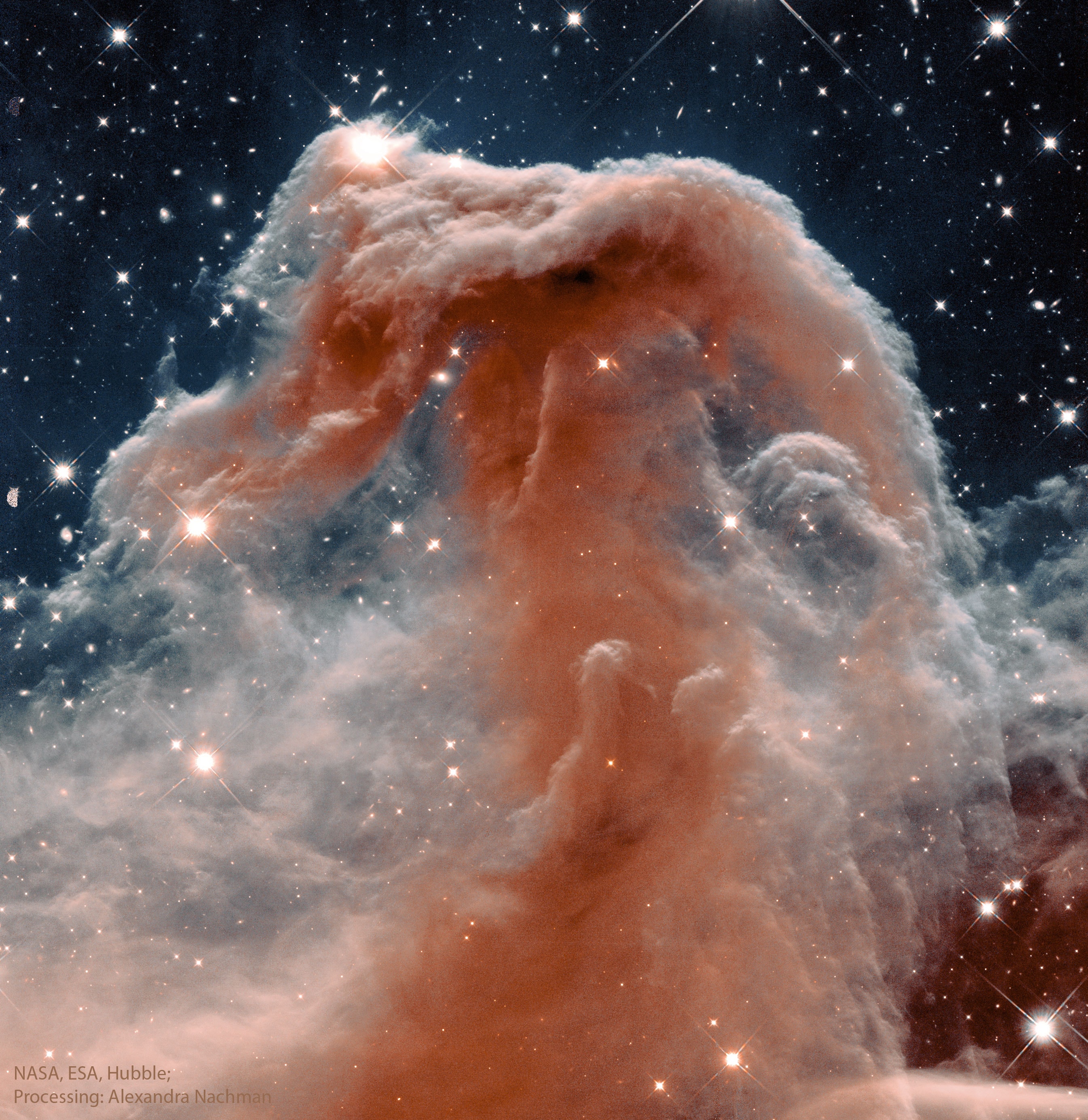 While drifting through the cosmos, a magnificent interstellar dust cloud became sculpted by stellar winds and radiation to assume a recognizable shape.  Fittingly named the Horsehead Nebula, it is embedded in the vast and complex Orion Nebula (M42).  A potentially rewarding but difficult object to view personally with a small telescope, the featured gorgeously detailed image was taken in infrared light by the orbiting Hubble Space Telescope.  The dark molecular cloud, roughly 1,500 light years distant, is cataloged as Barnard 33 and is seen above primarily because it is backlit by the nearby massive star Sigma Orionis. The Horsehead Nebula will slowly shift its apparent shape over the next few million years and will eventually be destroyed by high energy starlight.   Your Sky Surprise: What picture did APOD feature on your birthday? (post 1995)