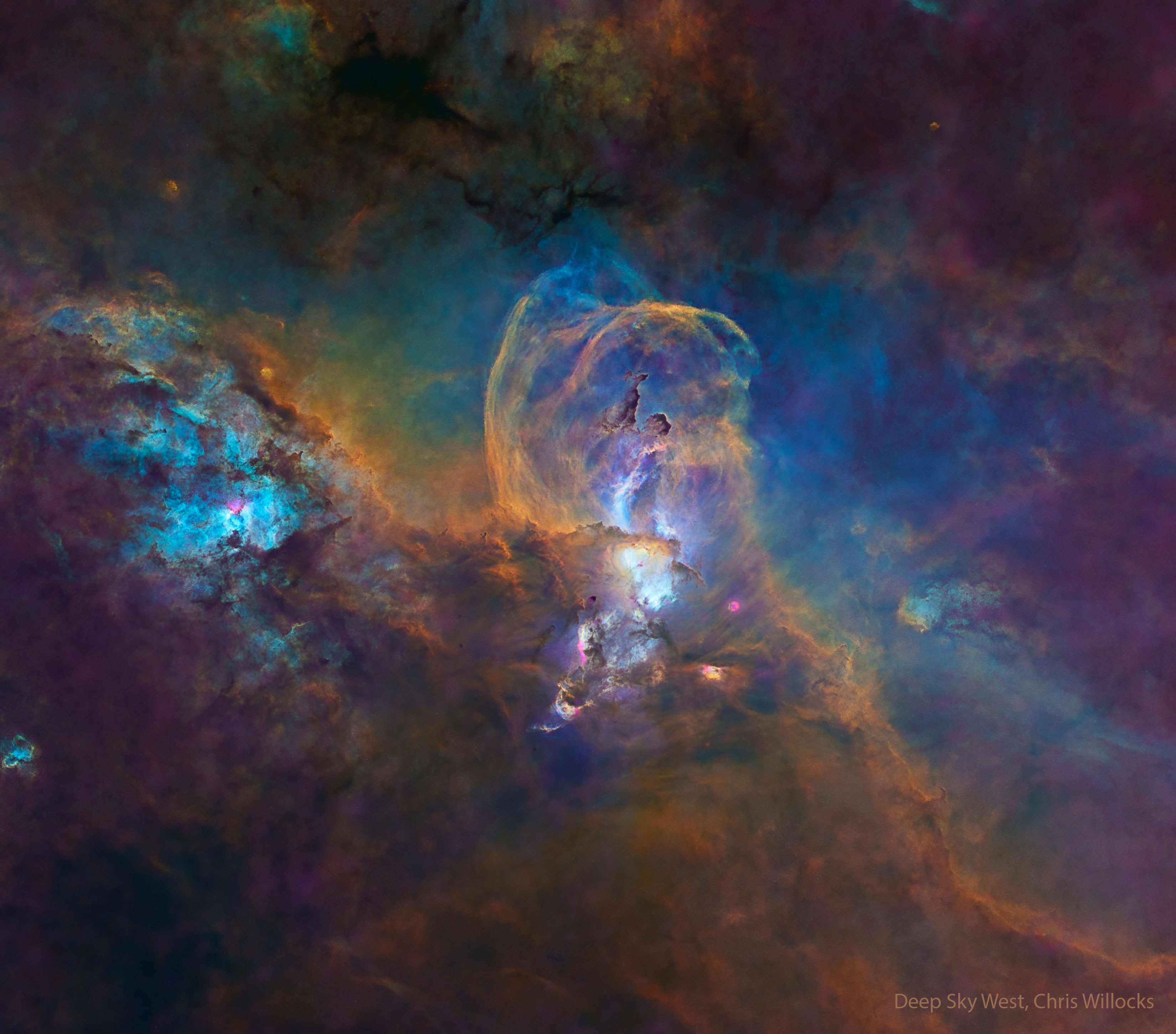 What's happening in the Statue of Liberty nebula?  Bright stars and interesting molecules are forming and being liberated. The complex nebula resides in the star forming region called RCW 57, and besides the iconic monument, to some looks like a flying superhero or a weeping angel.  By digitally removing the stars, this re-assigned color image showcases dense knots of dark interstellar dust, fields of glowing hydrogen gas ionized by these stars, and great loops of gas expelled by dying stars. A detailed study of NGC 3576, also known as NGC 3582 and NGC 3584, uncovered at least 33 massive stars in the end stages of formation, and the clear presence of the complex carbon molecules known as polycyclic aromatic hydrocarbons (PAHs). PAHs are thought to be created in the cooling gas of star forming regions, and their development in the Sun's formation nebula five billion years ago may have been an important step in the development of life on Earth.   Your Sky Surprise: What picture did APOD feature on your birthday? (post 1995)