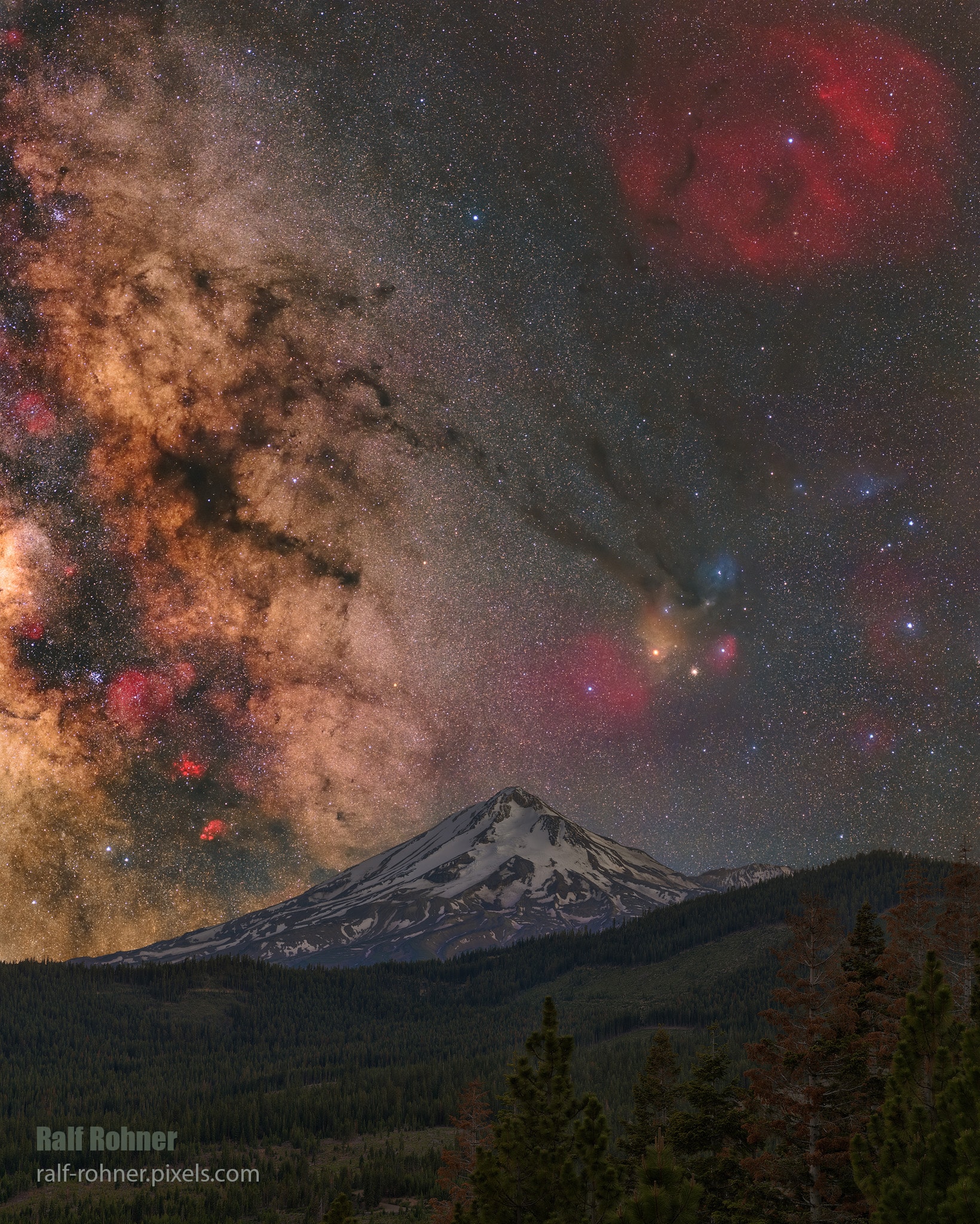 Is the sky angry with Mount Shasta? According to some ancient legends, the spirits of above and below worlds fight there, sometimes quite actively during eruptions of this enormous volcano in California, USA.  Such drama can well be imagined in this deep sky image taken in late June. Evident above the snow-covered peak is the central band of our Milky Way Galaxy, on the left, and a picturesque sky toward the modern constellations of Scorpius and Ophiuchus, above and to the right.  The bright orange star Antares and the colorful rho Ophiuchi cloud complex are visible just to the right of Mount Shasta, while the red emission nebula surrounding the star zeta Ophiuchi appears on the top right.  The static earth image in the featured composite was taken during the blue hour, while a two-panel panorama tracking the background sky was taken later that night with the same camera and from the same location. Within a few million years, Antares, some stars in the rho Ophiuchi system, and zeta Ophiuchi will all likely explode as supernovas.