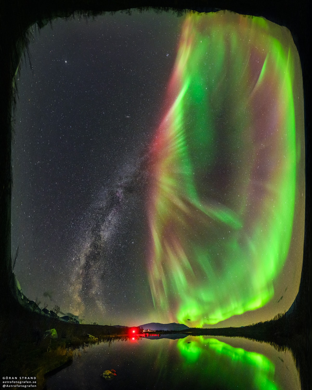 Could the stem of our Milky Way bloom into an auroral flower? No, not really, even though it may appear that way in today’s featured all-sky image.  On the left, the central plane of our home galaxy extends from the horizon past the middle of the sky. On the right, an auroral oval also extends from the sky's center -- but is dominated by bright green-glowing oxygen. The two are not physically connected, because the aurora is relatively nearby, with the higher red parts occurring in Earth's atmosphere only about 1000 kilometers high. In contrast, an average distance to the stars and nebulas we see in the Milky Way more like 1000 light-years away - 10 trillion times further.  The featured image composite was taken in early October across a small lake in Abisko, northern Sweden. As our Sun's magnetic field evolves into the active part of its 11-year cycle, auroras near both of Earth's poles are sure to become more frequent.