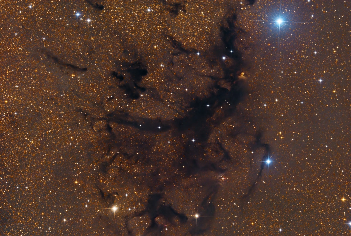 Part of a dark expanse that splits the crowded plane of our Milky Way galaxy, the Aquila Rift arcs through planet Earth's skies near bright star Altair. In eerie silhouette against the Milky Way's faint starlight, its dusty molecular clouds likely contain raw material to form hundreds of thousands of stars and astronomers search the dark clouds for telltale signs of star birth. This telescopic close-up looks toward the region at a fragmented Aquila dark cloud complex identified as LDN 673, stretching across a field of view slightly wider than the full moon. In the scene, visible indications of energetic outflows associated with young stars include the small red tinted nebulosity RNO 109 above and right of center, and Herbig-Haro object HH32 below. These dark clouds might look scary, but they're estimated to be some 600 light-years away. At that distance, this field of view spans about 7 light-years.