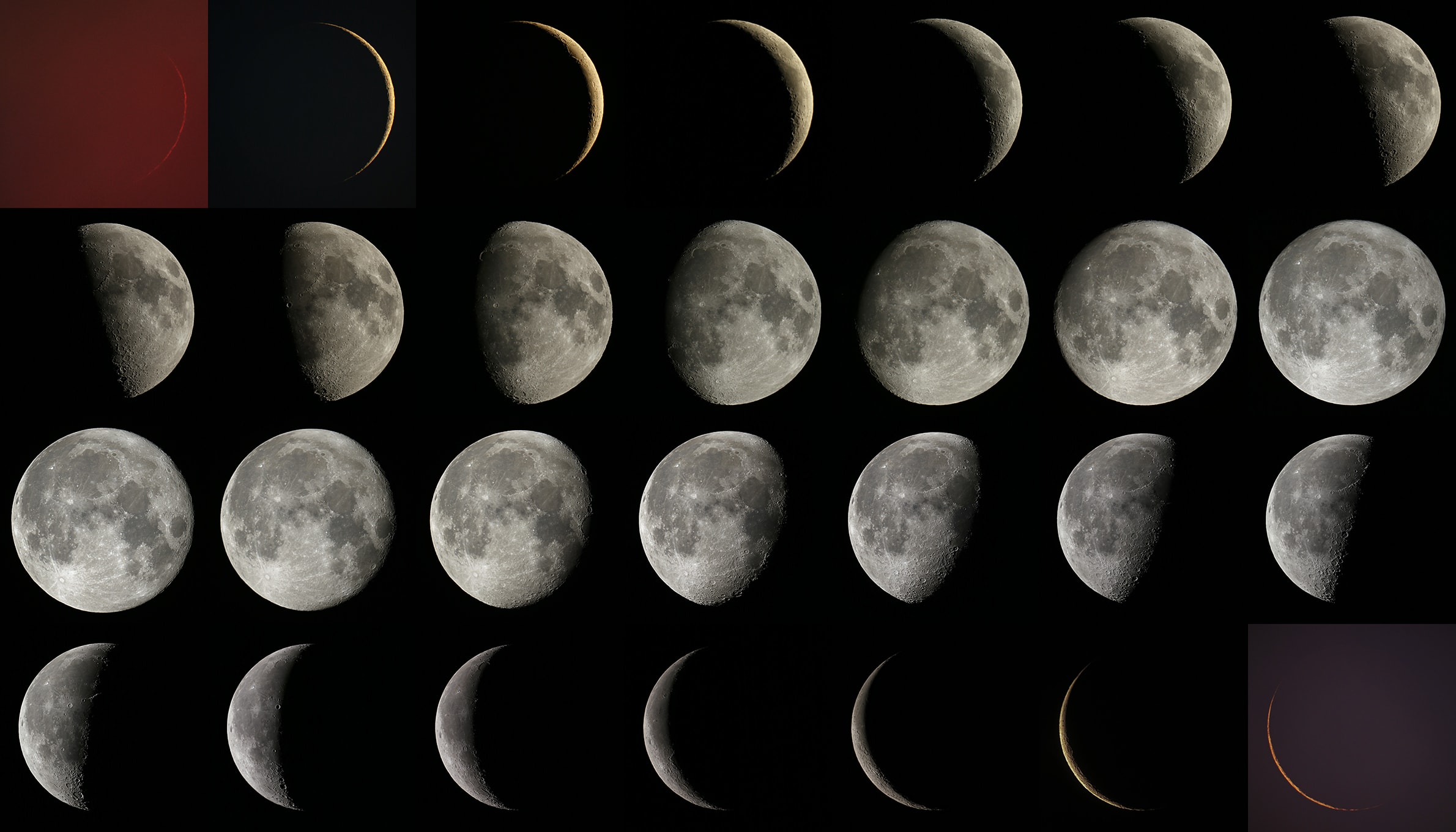 Observe the Moon every night and you'll see its visible sunlit portion gradually change. In phases progressing from New Moon to Full Moon to New Moon again, a lunar cycle or lunation is completed in about 29.5 days. Top left to bottom right, this 7x4 matrix of telescopic images captures the range of lunar phases for 28 consecutive nights, from the evening of July 29 to the morning of August 26, following an almost complete lunation. No image was taken 24 hours or so just after and just before New Moon, when the lunar phase is at best a narrow crescent, close to the Sun and really hard to see. Finding mostly clear Mediterranean skies required an occasional road trip to complete this lunar cycle project, imaging in early evening for the first half and late evening and early morning for the second half of the lunation. Since all the images are registered at the same scale you can use this matrix to track the change in the Moon's apparent size during the single lunation. For extra credit, find the lunar phase that occurred closest to perigee.  Tonight: International Observe the Moon Night