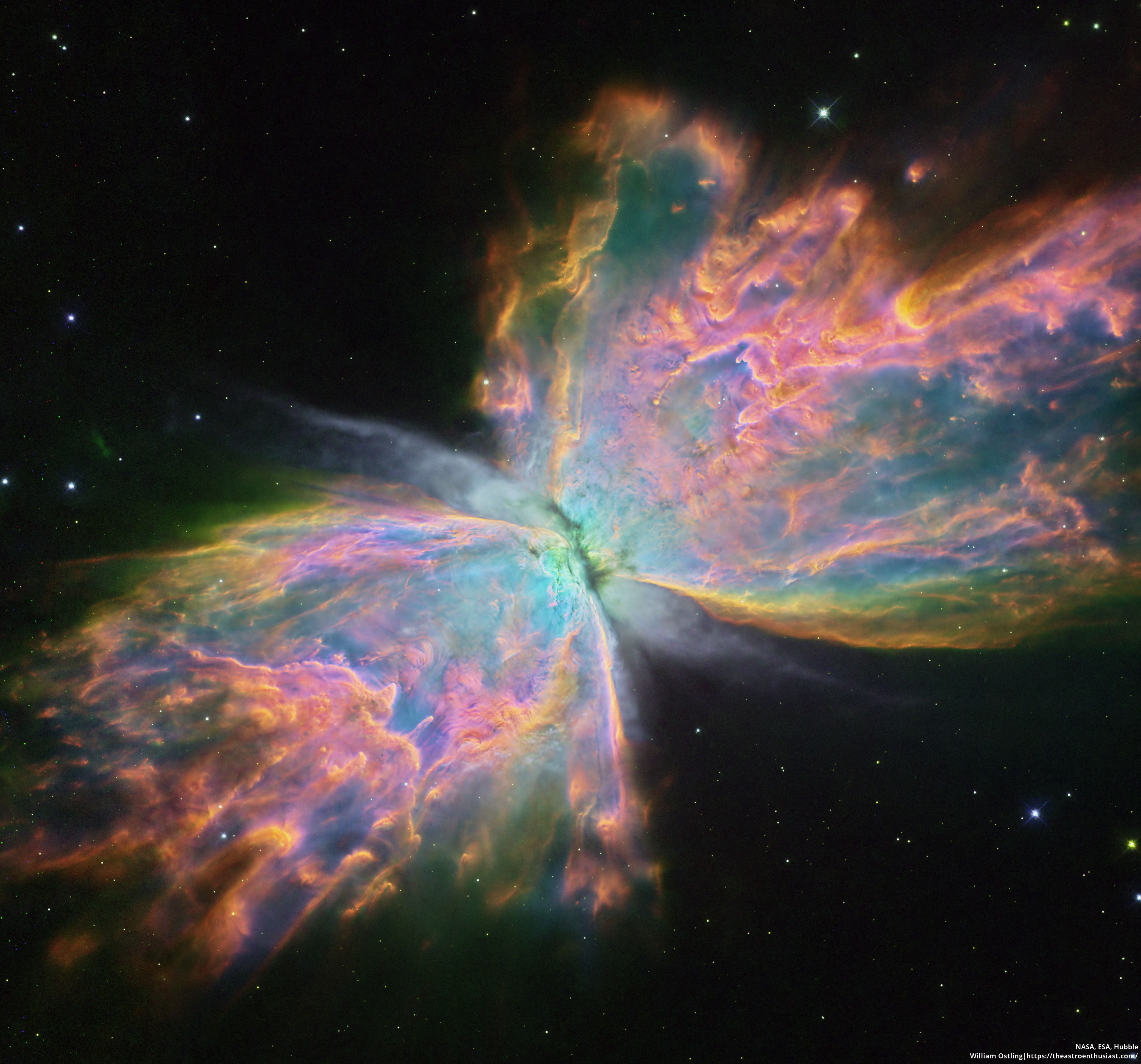 Stars can make beautiful patterns as they age -- sometimes similar to flowers or insects. NGC 6302, the Butterfly Nebula, is a notable example.  Though its gaseous wingspan covers over 3 light-years and its estimated surface temperature exceeds 200,000 degrees C, the aging central star of NGC 6302, the featured planetary nebula, has become exceptionally hot, shining brightly in visible and ultraviolet light but hidden from direct view by a dense torus of dust. This sharp close-up was recorded by the Hubble Space Telescope and is processed here to show off remarkable details of the complex planetary nebula, highlighting in particular light emitted by oxygen (shown as blue), hydrogen (green), and nitrogen (red). NGC 6302 lies about 3,500 light-years away in the arachnologically correct constellation of the Scorpion (Scorpius). Planetary nebulas evolve from outer atmospheres of stars like our Sun, but usually fade in about 20,000 years.