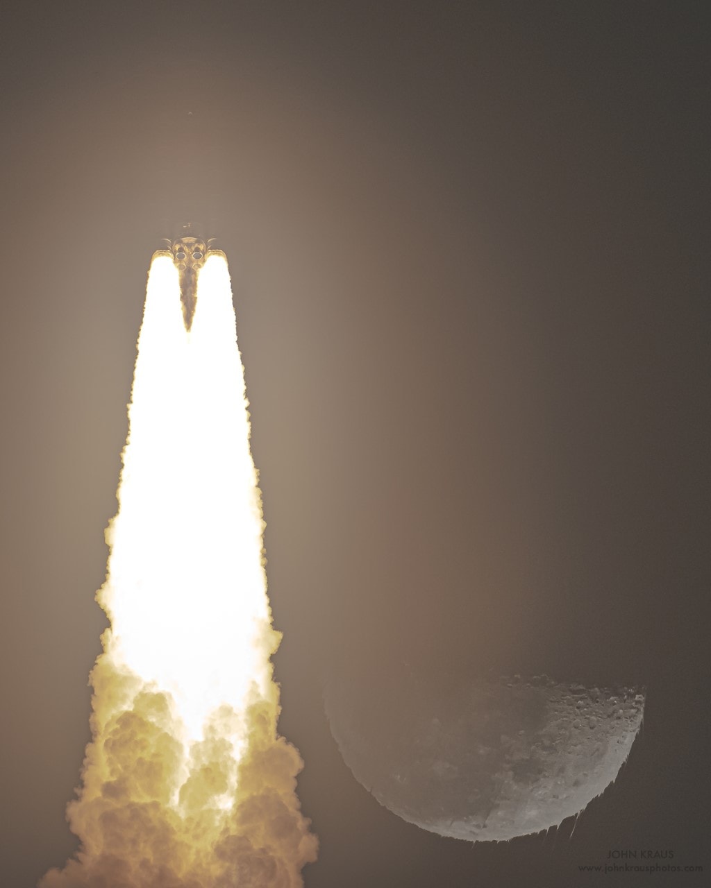 When the Artemis 1 mission's Orion spacecraft makes its November 21 powered flyby of the Moon, denizens of planet Earth will see the Moon in a waning crescent phase. The spacecraft will approach to within about 130 kilometers of the lunar surface on its way to a distant retrograde orbit some 70,000 kilometers beyond the Moon. But the Moon was at last quarter for the November 16 launch and near the horizon in the dark early hours after midnight. It's captured here in skies over Kennedy Space Center along with the SLS rocket engines and solid rocket boosters lofting the uncrewed Orion to space. Ragged fringes appearing along the bright edge of the sunlit lunar nearside are caused as pressure waves generated by the rocket's passage change the index of refraction along the camera's line of sight.