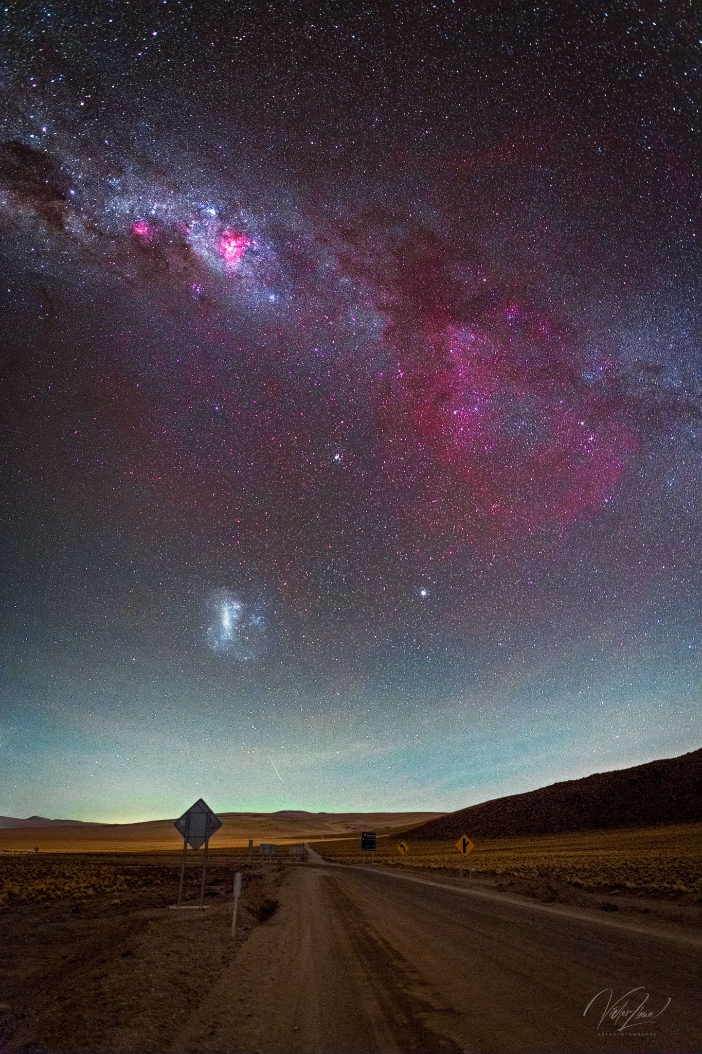 Because the Gum Nebula is the closest supernova remnant, it is actually hard to see.  Spanning 40 degrees across the sky, the nebula appears so large and faint that it is easily lost in the din of a bright and complex background.  The Gum Nebula is highlighted nicely in red emission toward the right of the featured wide-angle, single-image photograph taken in late May. Also visible in the frame are the Atacama Desert in Chile in the foreground, the Carina Nebula in the plane of our Milky Way galaxy running diagonally down from the upper left, and the neighboring Large Magellanic Cloud (LMC) galaxy. The Gum Nebula is so close that we are much nearer the front edge than the back edge, each measuring 450 and 1500 light years respectively.  The complicated nebula lies in the direction of the constellations of Puppis and Vela.  Oddly, much remains unknown about the Gum Nebula, including the timing and even number of supernova explosions that formed it.