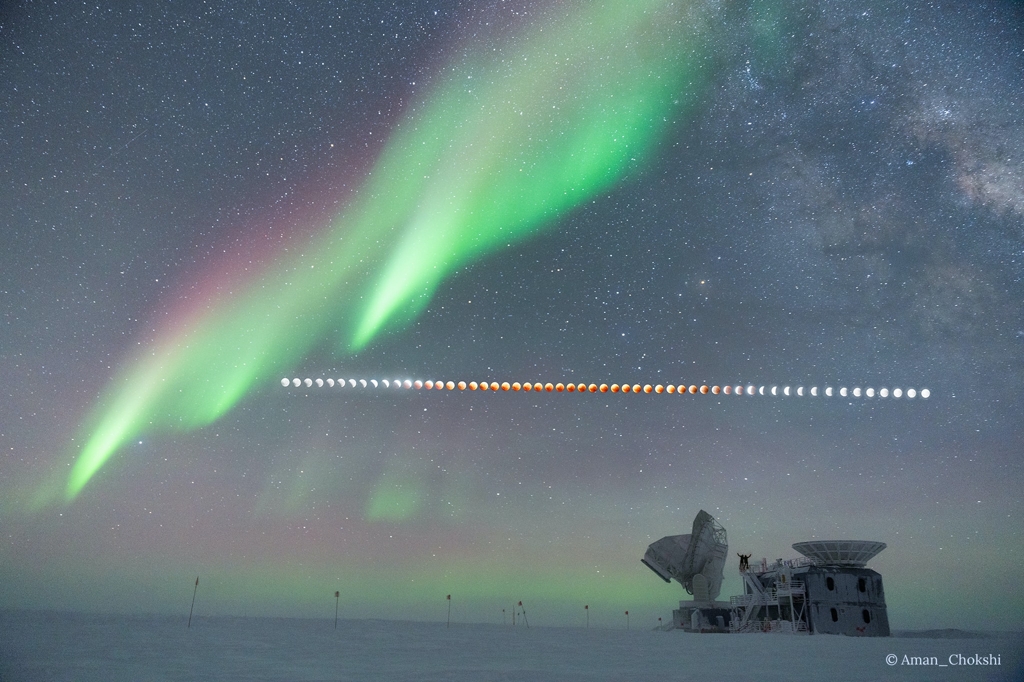 Last May 16 the Moon slid through Earth's shadow, completely immersed in the planet's dark umbra for about 1 hour and 25 minutes during a total lunar eclipse. In this composited timelapse view, the partial and total phases of the eclipse were captured as the Moon tracked above the horizon from Amundsen-Scott South Pole Station. There it shared a cold and starry south polar night with a surging display of the aurora australis and central Milky Way. In the foreground are the BICEP (right) and South Pole telescopes at the southernmost station's Dark Sector Laboratory. But while polar skies can be spectacular, you won't want to go to the South Pole to view the total lunar eclipse coming up on November 8. Instead, that eclipse can be seen from locations in Asia, Australia, the Americas and the Pacific. It will be your last chance to watch a total lunar eclipse until 2025.