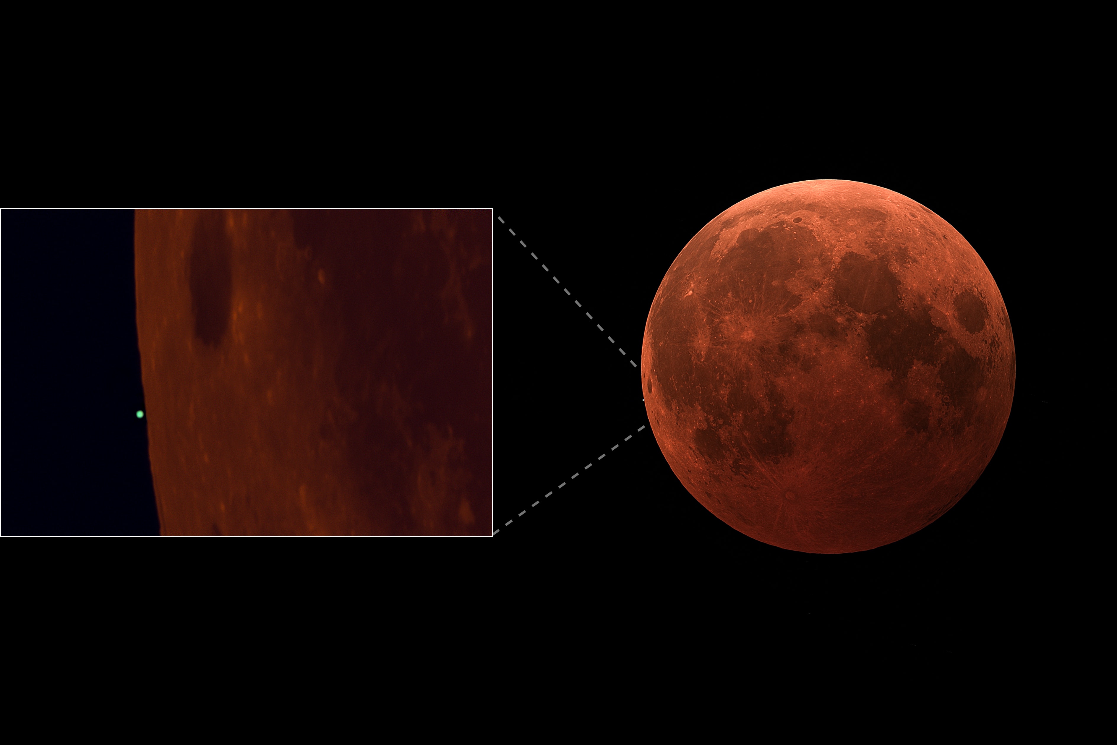 On November 8 the Full Moon turned blood red as it slid through Earth's shadow in a beautiful total lunar eclipse. During totality it also passed in front of, or occulted, outer planet Uranus for eclipse viewers located in parts of northern America and Asia. For a close-up and wider view these two images were taken just before the occultation began, captured with different telescopes and cameras from the same roof top in Shanghai, China. Normally very faint compared to a Full Moon, the tiny, pale, greenish disk of the distant ice giant is just to the left of the Moon's edge and about to disappear behind the darkened, red lunar limb. Though only visible from certain locations across planet Earth, lunar occultations of planets are fairly common. But for this rare "lunar eclipse occultation" to take place, at the time of the total eclipse the outer planet had to be both at opposition and very near the ecliptic plane to fall in line with Sun, Earth, and Moon.   Lunar Eclipse of November 2022: Notable Submissions to APOD  Love Eclipses? (US): Apply to become a NASA Partner Eclipse Ambassador