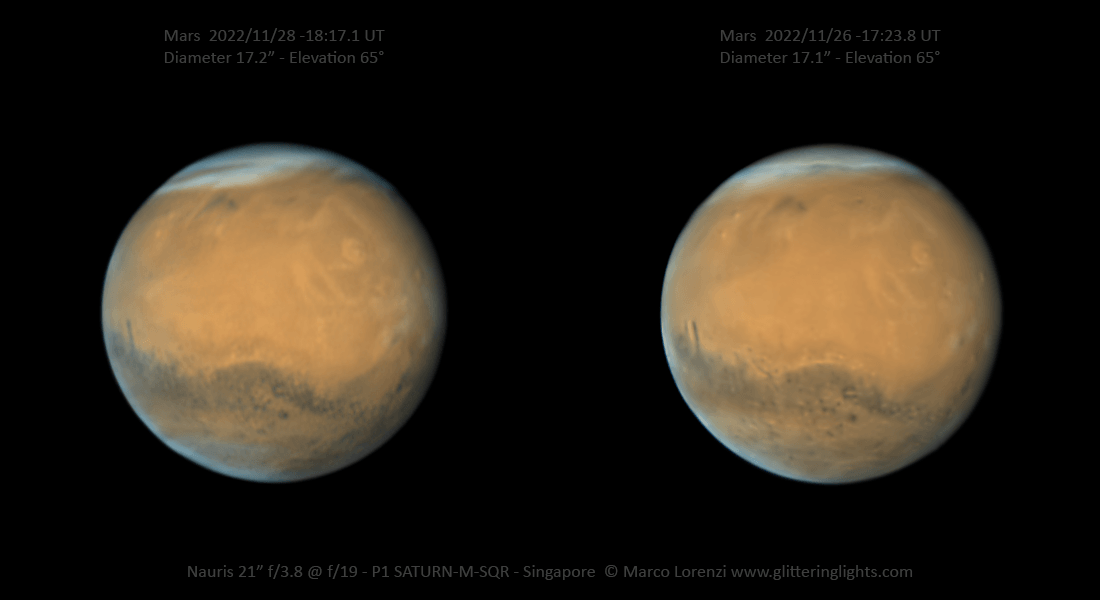 Mars looks sharp in these two rooftop telescope views captured in late November from Singapore, planet Earth. At the time, Mars was about 82 million kilometers from Singapore and approaching its opposition, opposite the Sun in planet Earth's sky on December 8. Olympus Mons, largest of the volcanoes in the Tharsis Montes region (and largest known volcano in the Solar System), is near Mars' western limb. In both images it's the whitish donut-shape at the upper right. The dark area visible near center is the Terra Sirenum region while the long dark peninsula closest to the planet's eastern limb is Sinus Gomer. Near its tip is Gale crater, the Curiosity rover's landing site in 2012. Above Sinus Gomer, white spots are other volcanoes in the Elysium region. At the top of the planet is the north polar cap covered with ice and clouds. Taken about two days apart, these images of the same martian hemisphere form a stereo pair. Look at the center of the frame and cross your eyes until the separate images come together to see the Red Planet in 3D.