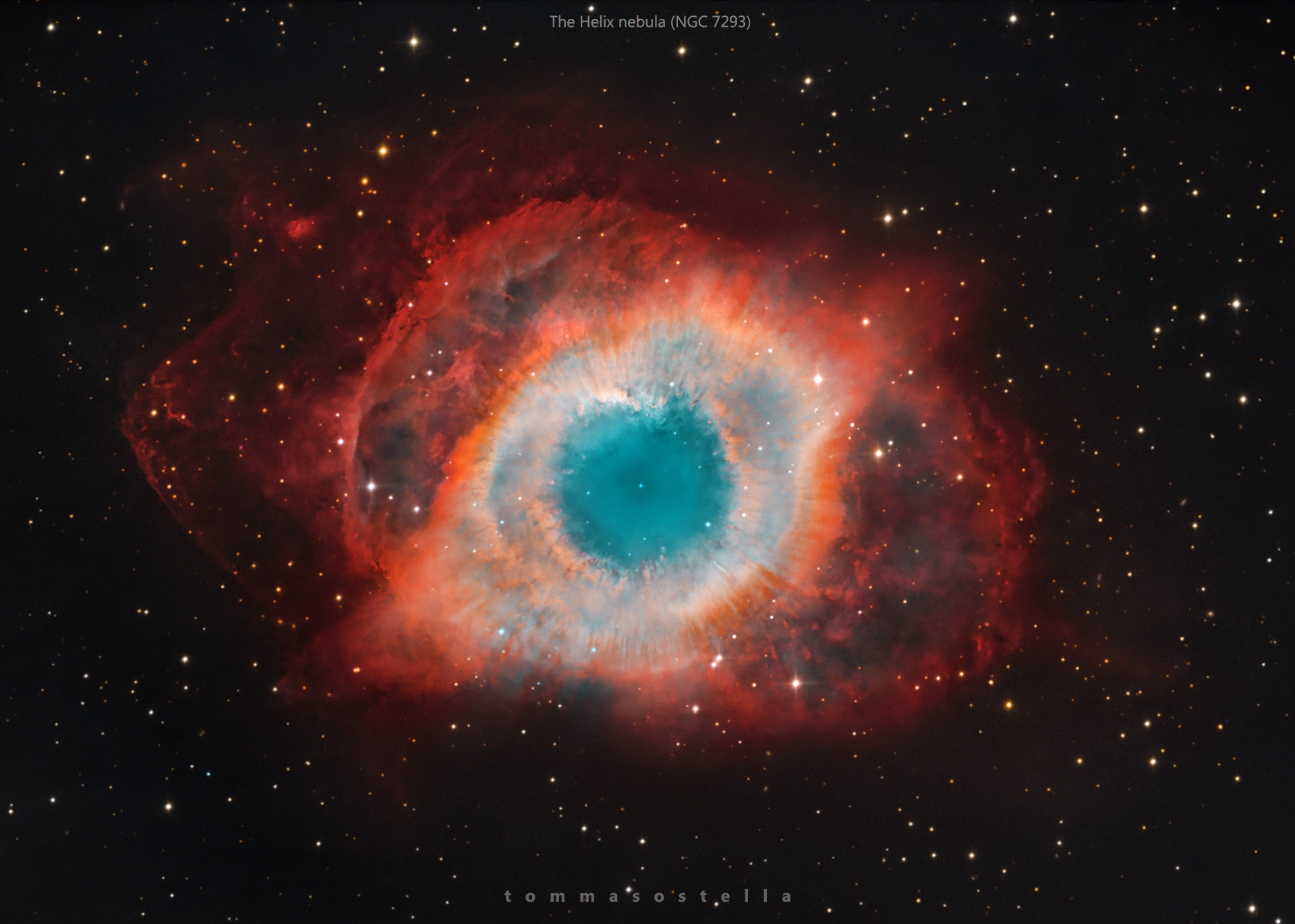 A mere seven hundred light years from Earth, toward the constellation Aquarius, a sun-like star is dying. The dying star's last few thousand years have produced the Helix Nebula (NGC 7293), a well studied and nearby example of a Planetary Nebula, typical of this final phase of stellar evolution.  Combining narrow band image data from emission lines of hydrogen atoms in red and oxygen atoms in blue-green hues, it shows tantalizing details of the Helix, including its bright inner region about 3 light-years across. The white dot at the Helix's center is this Planetary Nebula's hot, central star. A simple looking nebula at first glance, the Helix is now understood to have a surprisingly complex geometry.