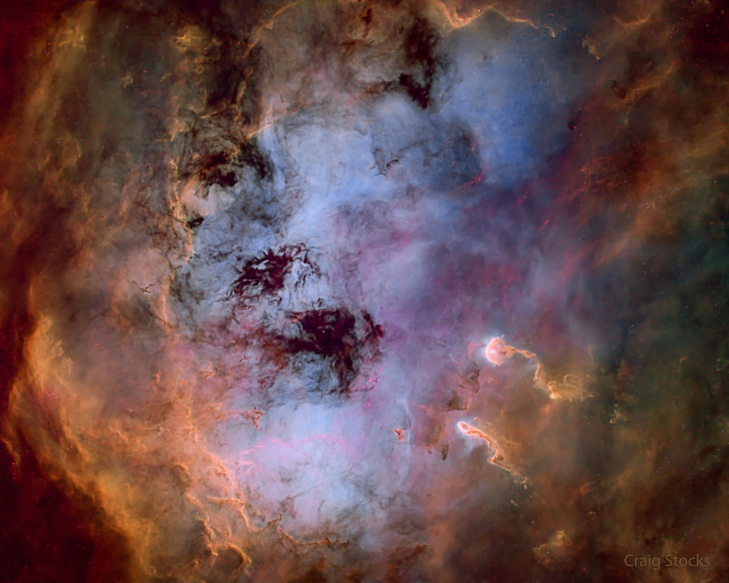 What's causing the commotion in the Tadpole Nebula? Star formation.  Dusty emission in the Tadpole Nebula, IC 410, lies about 12,000 light-years away in the northern constellation of the Charioteer (Auriga). The cloud of glowing gas is over 100 light-years across, sculpted by stellar winds and radiation from embedded open star cluster NGC 1893. Formed in the interstellar cloud a mere 4 million years ago, bright newly formed cluster stars are seen all around the star-forming nebula.  Notable on the lower-right of the featured image are two relatively dense streamers of material trailing away from the nebula's central regions. Potentially sites of ongoing star formation in IC 410, these cosmic tadpole shapes are about 10 light-years long. The image was processed highlighting the emission from sulfur (red), hydrogen (green), and oxygen (blue) gas -- but with the stars digitally removed.