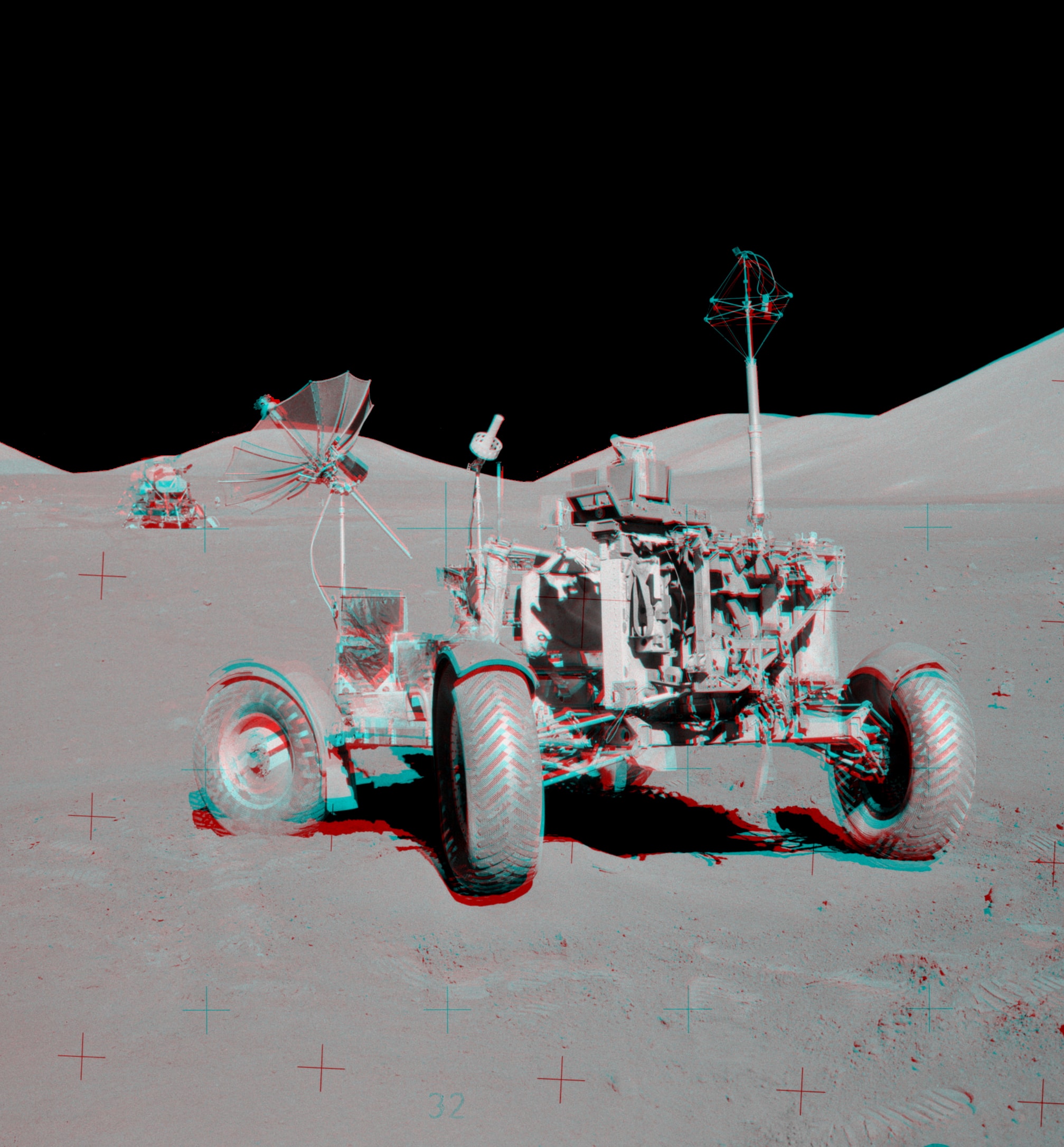 Get out your red/blue glasses and check out this stereo scene from Taurus-Littrow valley on the Moon! The color anaglyph features a detailed 3D view of Apollo 17's Lunar Rover in the foreground -- behind it lies the Lunar Module and distant lunar hills. Because the world was going to be able to watch the Lunar Module's ascent stage liftoff via the rover's TV camera, this parking place was also known as the VIP Site. Fifty years ago, in December of 1972, Apollo 17 astronauts Eugene Cernan and Harrison Schmitt spent about 75 hours on the Moon, while colleague Ronald Evans orbited overhead. The crew returned with 110 kilograms of rock and soil samples, more than from any of the other lunar landing sites. Cernan and Schmitt are still the last to walk (or drive) on the Moon.