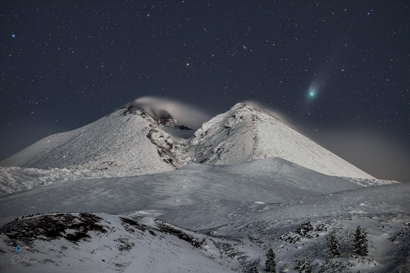 Comet-like plumes are blowing over the volcanic peaks of Mount Etna in this wintry mountain-and-skyscape from planet Earth. The stacked and blended combination of individual exposures recorded during the cold night of January 23, also capture naked-eye Comet ZTF just above Etna's snowy slopes. Of course the effect of increasing sunlight on the comet's nucleus and the solar wind are responsible for the comet's greenish coma and broad dusty tail. This weekend Comet ZTF is dashing across northern skies between north star Polaris and the Big Dipper. From a dark site you can only just spot it as a fuzzy patch though. That's still an impressive achievement if you consider you are gazing at a visitor from the distant Oort cloud with your own eyes. But binoculars or a small telescope will make for an even more enjoyable view of this Comet ZTF in the coming days.   Comet ZTF Gallery: Notable Submissions to APOD