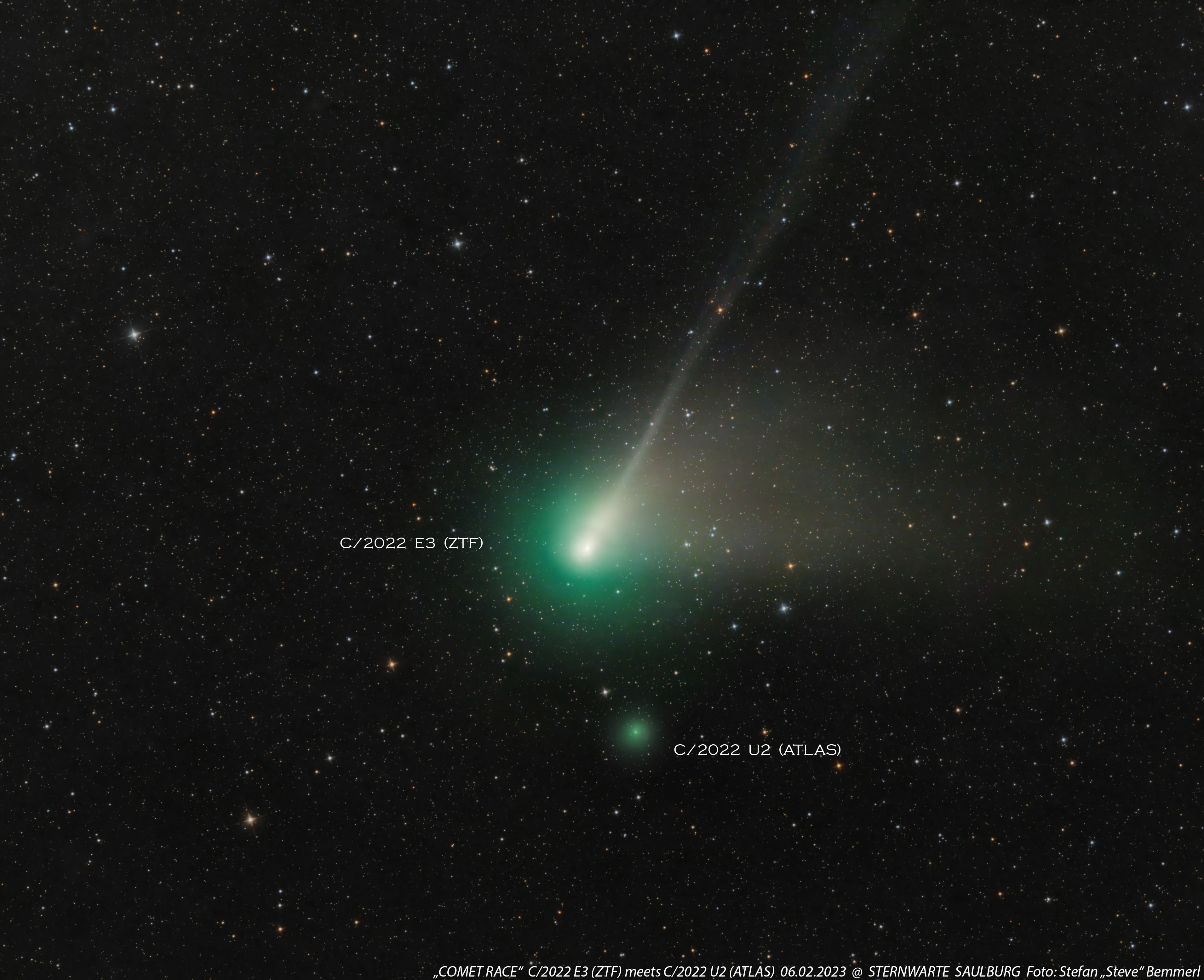 Fading as it races across planet Earth's northern skies comet C/2022 E3 (ZTF) shares this telescopic frame with comet C/2022 U2 (ATLAS). Captured on the night of February 6 from a garden observatory in Germany's Bavarian Forest, the starry field of view toward the constellation Auriga spans about 2.5 degrees. Discovered by sky survey projects in 2022 (the Zwicky Transient Facility and the Asteroid Terrestrial-impact Last Alert System) these long-period comets are outbound, reaching perihelion just last month. The much fainter comet ATLAS made its closest approach to our fair planet on January 29 at a distance of about 4.6 light-minutes, compared to a mere 2.4 light-minutes for comet ZTF on February 2. This comet ATLAS lacks the well-developed tails of the formerly naked-eye comet ZTF. But both comets sport greenish tinted comas, emission from diatomic carbon molecules fluorescing in sunlight. Continuing its dash across planet Earth's sky, the good-binocular comet ZTF will appear close to bright planet Mars tonight.