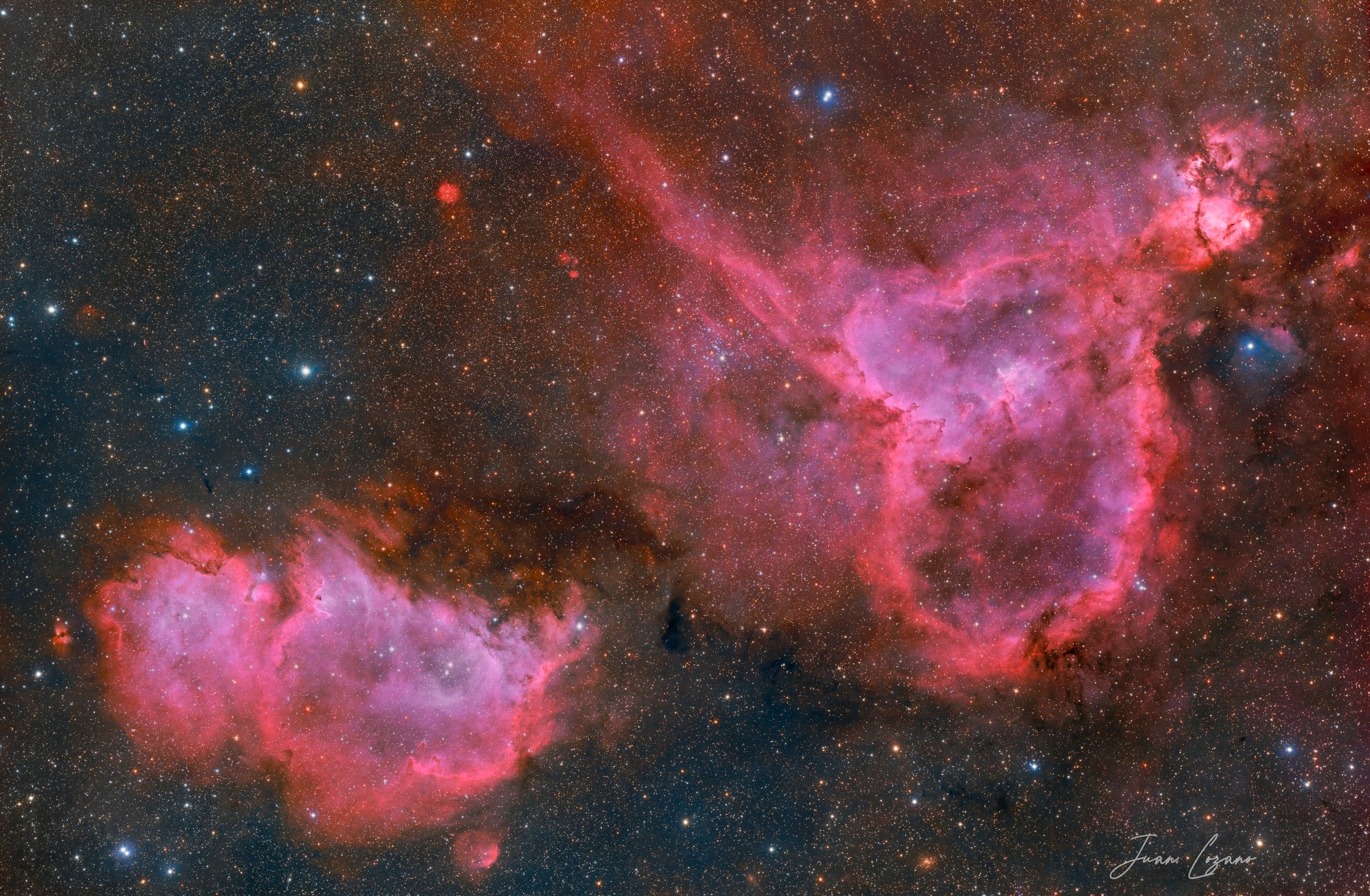 Is the heart and soul of our Galaxy located in Cassiopeia?  Possibly not, but that is where two bright emission nebulas nicknamed Heart and Soul can be found.  The Heart Nebula, officially dubbed IC 1805 and visible in the featured image on the upper right, has a shape reminiscent of a classical heart symbol.  The shape is perhaps fitting for Valentine's Day. The Soul Nebula is officially designated IC 1871 and is visible on the lower left. Both nebulas shine brightly in the red light of energized hydrogen, one of three colors shown in this three-color montage. Light takes about 6,000 years to reach us from these nebulas, which together span roughly 300 light years.  Studies of stars and clusters like those found in the Heart and Soul nebulas have focused on how massive stars form and how they affect their environment.