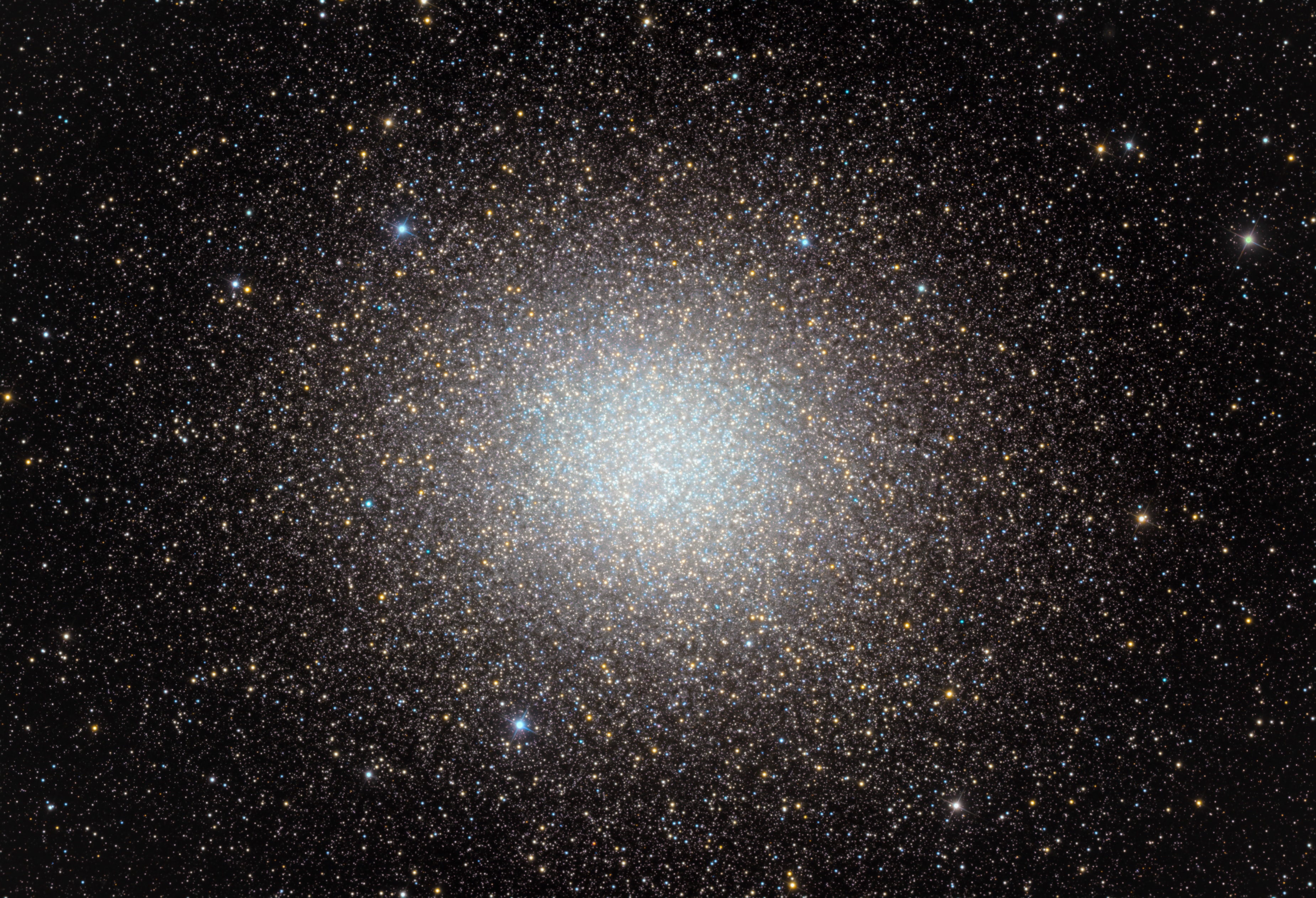 Globular star cluster Omega Centauri, also known as NGC 5139, is 15,000 light-years away. The cluster is packed with about 10 million stars much older than the Sun within a volume about 150 light-years in diameter. It's the largest and brightest of 200 or so known globular clusters that roam the halo of our Milky Way galaxy. Though most star clusters consist of stars with the same age and composition, the enigmatic Omega Cen exhibits the presence of different stellar populations with a spread of ages and chemical abundances. In fact, Omega Cen may be the remnant core of a small galaxy merging with the Milky Way. Omega Centauri's red giant stars (with a yellowish hue) are easy to pick out in this sharp, color telescopic view.