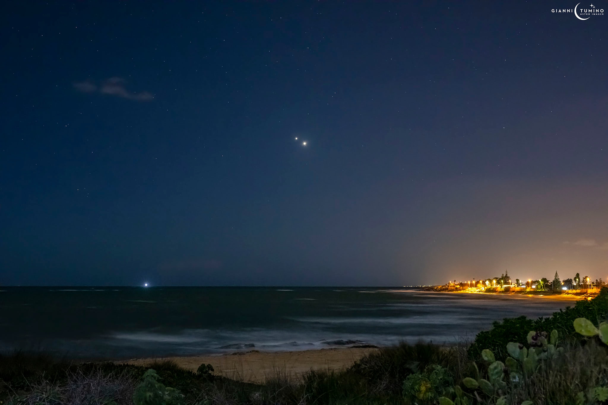 What are those two bright spots? Planets.  A few days ago, the two brightest planets in the night sky passed within a single degree of each other in what is termed a conjunction. Visible just after sunset in much of the world, the two bright spots were Jupiter (left) and Venus (right).  The featured image was taken near closest approach from Cirica, Sicily, Italy. The week before, Venus was rising higher in the sunset sky to meet the dropping Jupiter. Now they have switched places. Of course, Venus remains much closer to both the Sun and the Earth than Jupiter -- the apparent closeness between the planets in the sky of Earth was only angular.  You can still see the popular pair for an hour or so after sunset this month although they continue to separate, and Jupiter continues to set earlier each night.   Jupiter & Venus Conjunction Gallery: Notable Submissions to APOD