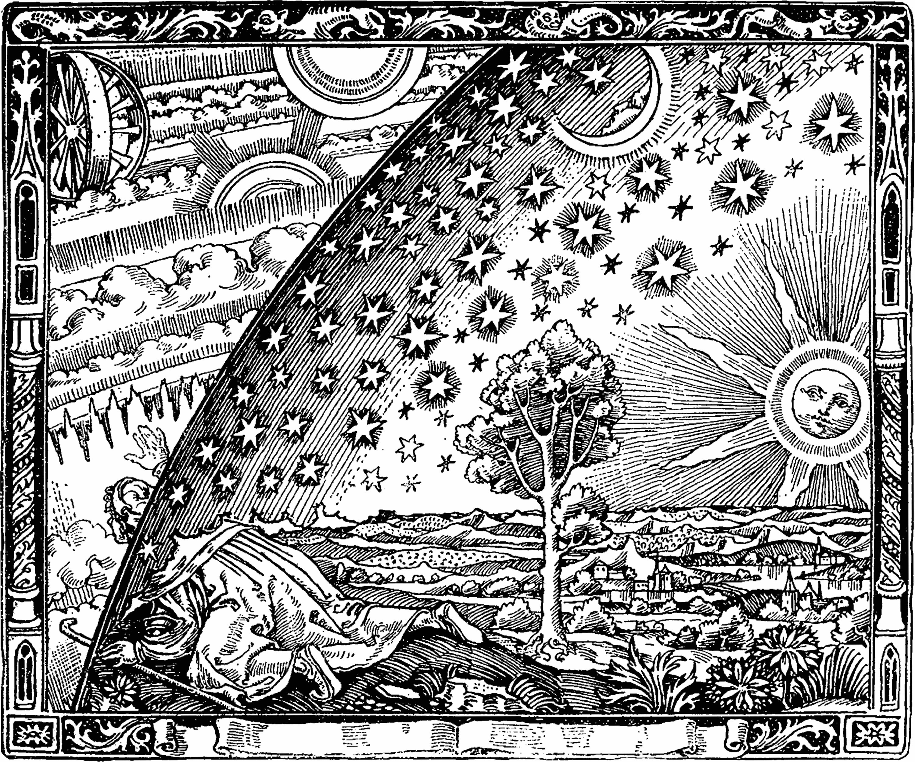 Wouldn't it be fun to color in the universe?  If you think so, please accept this famous astronomical illustration as a preliminary substitute.  You, your friends, your parents or children, can print it out or even color it digitally.  While coloring, you might be interested to know that even though this illustration has appeared in numerous places over the past 100 years, the actual artist remains unknown.  Furthermore, the work has no accepted name -- can you think of a good one?  The illustration, first appearing in a book by Camille Flammarion in 1888, is frequently used to show that humanity's present concepts are susceptible to being supplanted by greater truths.