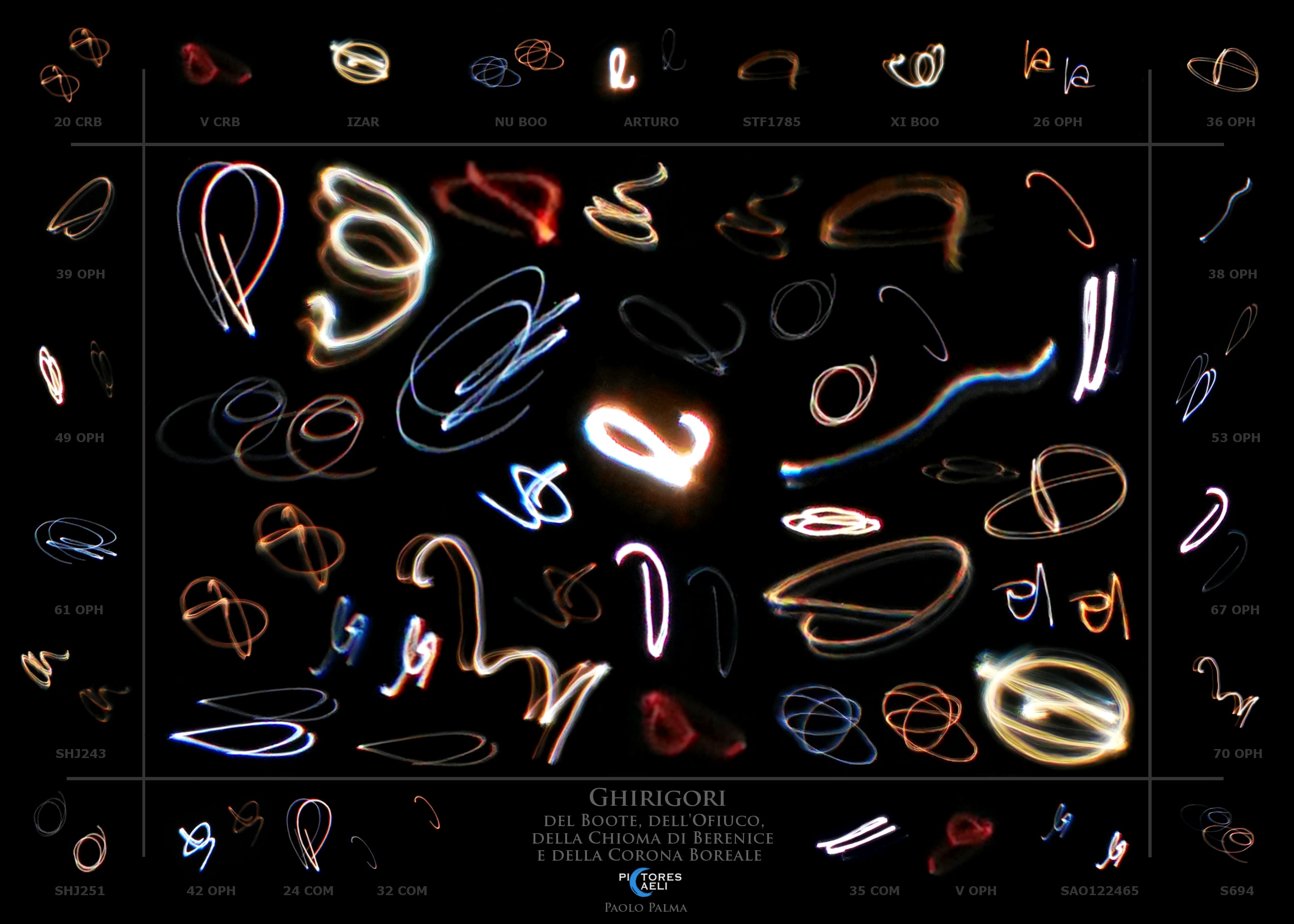 It's fun to scribble on the canvas of the sky. You can use a creative photographic technique to cause the light of point-like stars to dance across a digital image by tapping lightly on the telescope while making an exposure. The result will be a squiggly line traced by the star (or two squiggles traced by binary stars) that can reveal the star's color. Colorful lines, dubbed Ghirigori, made from stars found in the northern sky constellations Bootes, Corona Borealis, Ophiucus, and Coma Berenices, are captured in this artistic mosaic. The 25 stars creating the varied and colorful squiggles are identified around the border. Of course, temperature determines the color of a star. While whitish stars tend to be close to the Sun's temperature, stars with bluer hues are hotter, and yellow and red colors are cooler than the Sun.  Weekend Watch: Perseid Meteor Shower