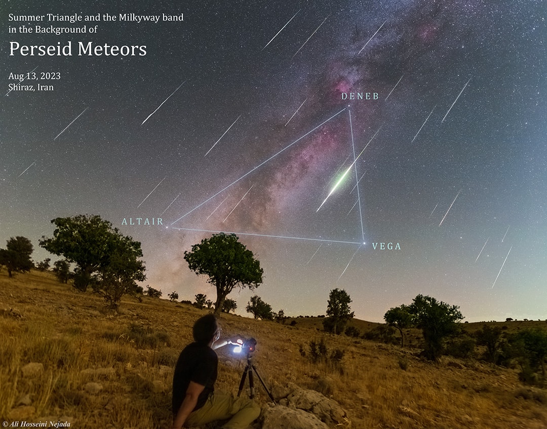 Under dark and mostly moonless night skies, many denizens of planet Earth were able to watch this year's Perseid meteor shower. Seen from a grassy hillside from Shiraz, Iran these Perseid meteors streak along the northern summer Milky Way before dawn on Sunday, August 13. Frames used to construct the composited image were captured near the active annual meteor shower's peak between 02:00 AM and 04:30 AM local time. Not in this night skyscape, the shower's radiant in the heroic constellation Perseus is far above the camera's field of view. But fans of northern summer nights can still spot a familiar asterism. Formed by bright stars Deneb, Vega, and Altair, the Summer Triangle spans the luminous band of the Milky Way.