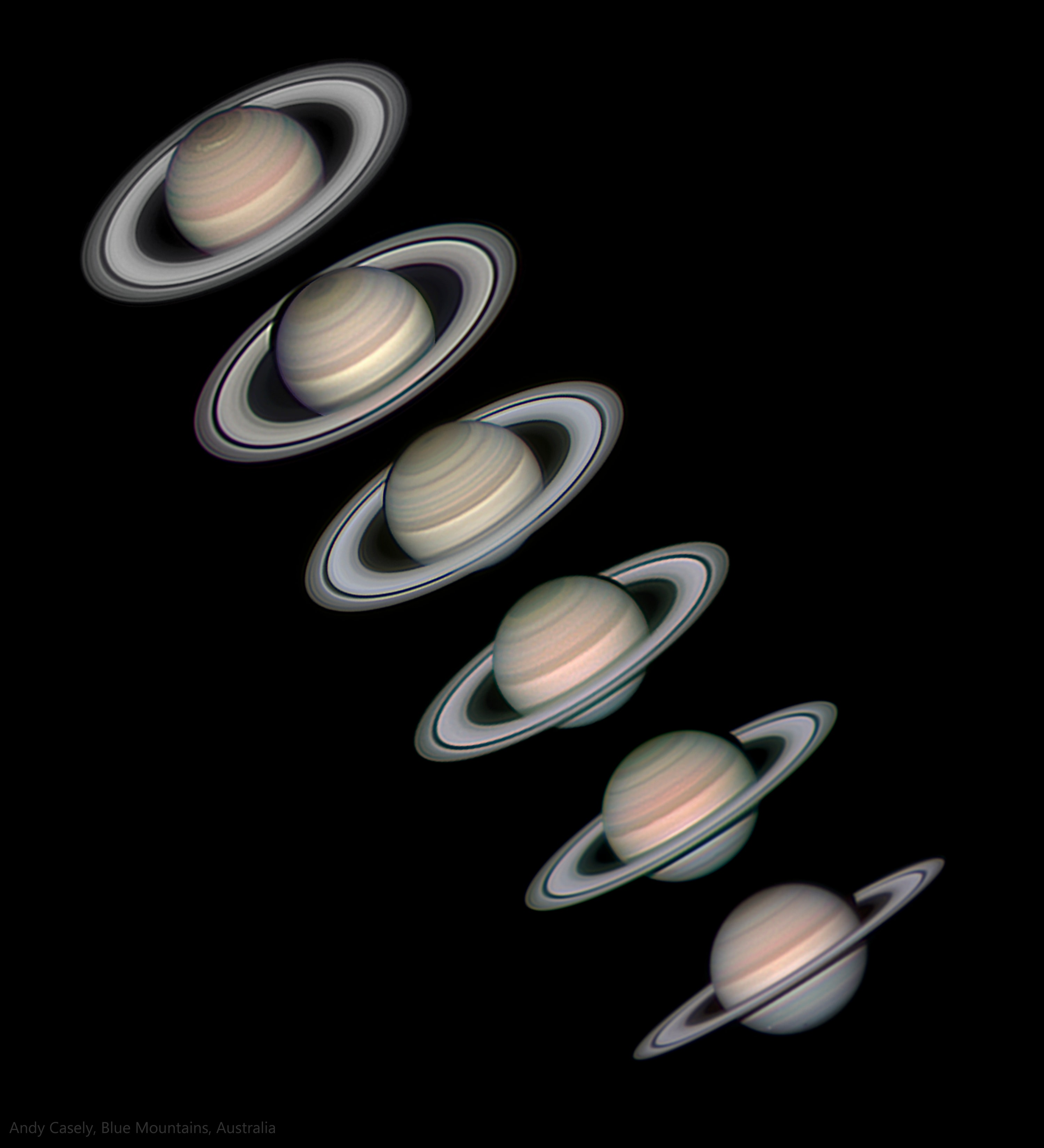 Ringed planet Saturn will be at its 2023 opposition, opposite the Sun in Earth's skies, on August 27. While that puts the sixth planet from the Sun at its brightest and well-placed for viewing, its beautiful ring system isn't visible to the unaided eye. Still, this sequence of six telescopic images taken a year apart follows both Saturn and rings as seen from inner planet Earth. The gas giant's ring plane tilts from most open in 2018 to approaching edge-on in 2023 (top to bottom). That's summer to nearly the autumn equinox for Saturn's northern hemisphere. In the sharp planetary portraits Saturn's northern hexagon and a large storm system are clearly visible in 2018. In 2023 ice moon Tethys is transiting, casting its shadow across southern hemisphere cloud bands while Saturn's cold blue south pole is emerging from almost a decade of winter darkness.