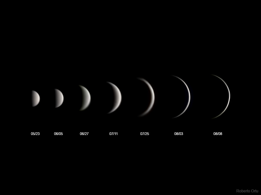 Just as the Moon goes through phases, Venus' visible sunlit hemisphere waxes and wanes. This sequence of telescopic images illustrates the steady changes for Venus during its recent 2023 apparition as our evening star. Gliding along its interior orbit between Earth and Sun, Venus grows larger during that period because it is approaching planet Earth. Its crescent narrows though, as the inner planet swings closer to our line-of-sight to the Sun. Closest to the Earth-Sun line but passing about 8 degrees south of the Sun, on August 13 Venus reached its (non-judgmental) inferior conjunction. And now Venus shines above the eastern horizon in predawn skies, completing its transition to planet Earth's morning star. On August 21, NASA's Parker Solar Probe completed its sixth gravity assist flyby of Venus, using the encounter to maneuver the probe toward its closest approach yet to the Sun.