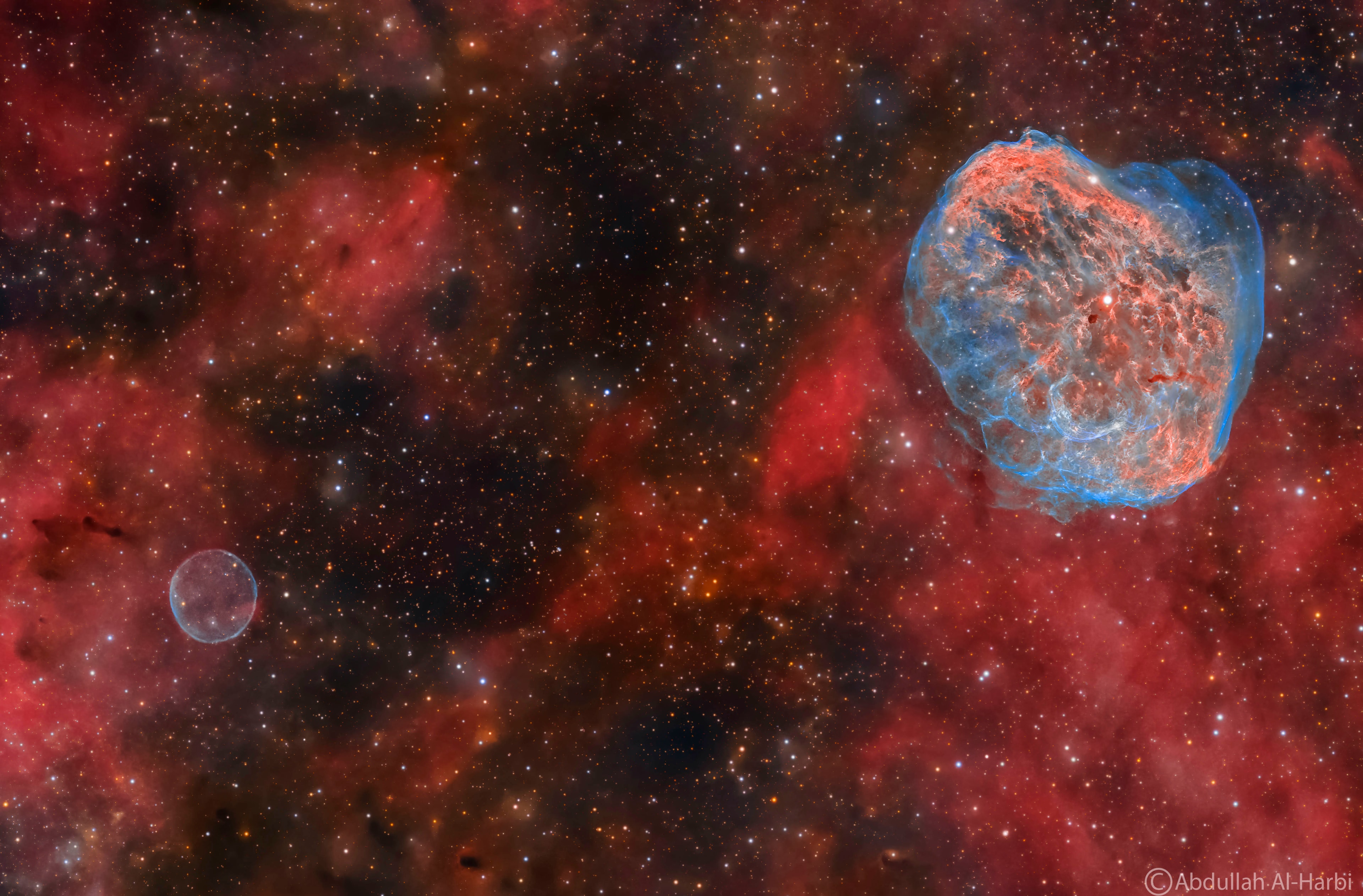 As stars die, they create clouds.  Two stellar death clouds of gas and dust can be found toward the high-flying constellation of the Swan (Cygnus) as they drift through rich star fields in the plane of our Milky Way Galaxy. Caught here within the telescopic field of view are the Soap Bubble (lower left) and the Crescent Nebula (upper right). Both were formed at the final phase in the life of a star. Also known as NGC 6888, the Crescent Nebula was shaped as its bright, central massive Wolf-Rayet star, WR 136, shed its outer envelope in a strong stellar wind. Burning through fuel at a prodigious rate, WR 136 is near the end of a short life that should finish in a spectacular supernova explosion.  Discovered in 2013, the Soap Bubble Nebula is likely a planetary nebula, the final shroud of a lower mass, long-lived, Sun-like star destined to become a slowly cooling white dwarf. Both stellar nebulas are about 5,000 light-years distant, with the larger Crescent Nebula spanning about 25 light-years across. Within a few million years, both will likely have dispersed.   Your Sky Surprise: What picture did APOD feature on your birthday? (post 1995)