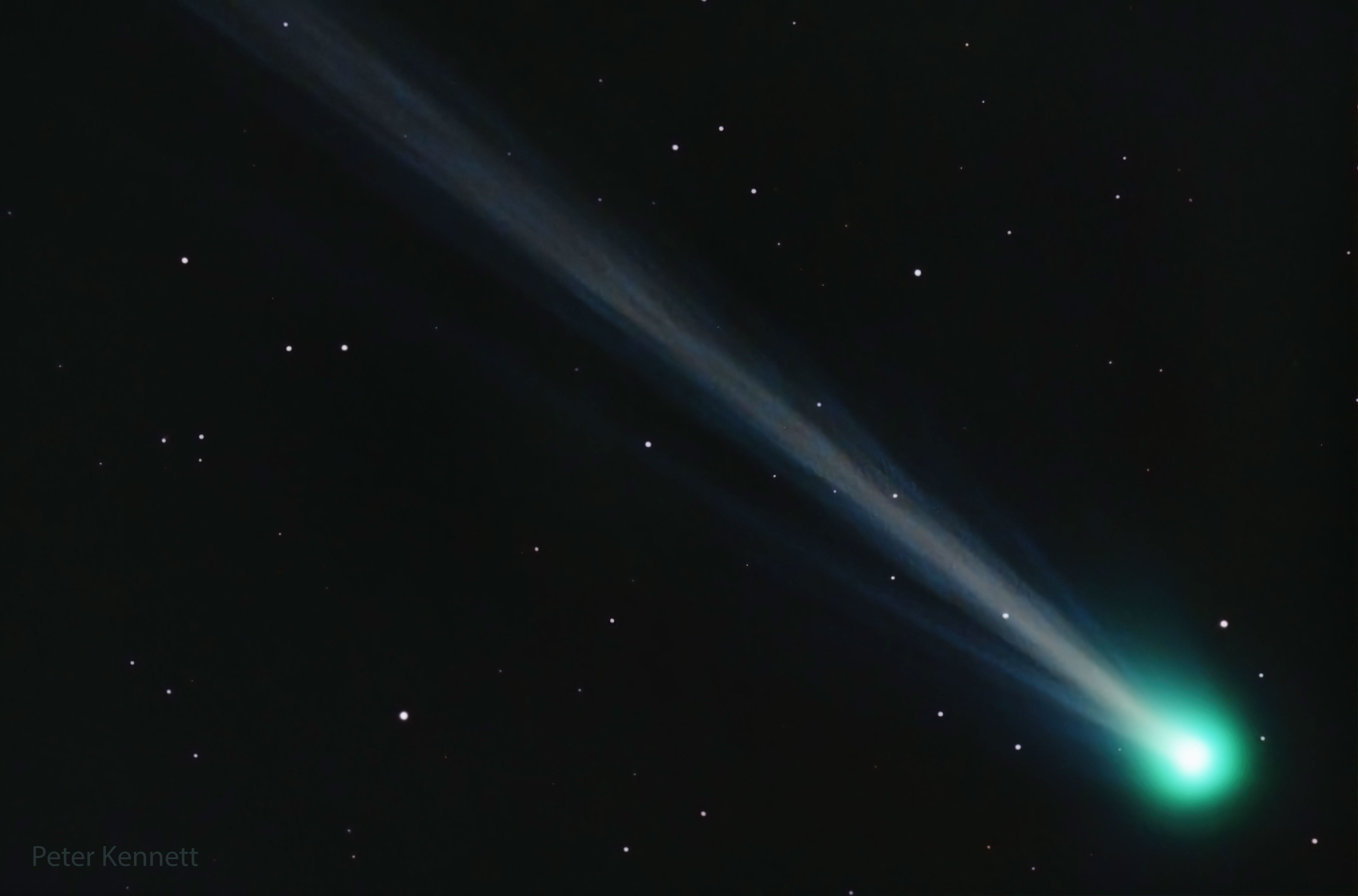 Comet Nishimura is growing. More precisely, the tails C/2023 P1 (Nishimura) are growing as it nears the Sun. Discovered only last month, the comet is already near naked eye brightness as it now moves inside the Earth's orbit.  The comet will be nearest the Earth next week, but nearest the Sun the week after -- on September 17.  Speculation holds that expelled ice and dust from Comet Nishimura's last visit to the inner Solar System may have created the Sigma Hydrids meteor shower which peaks yearly in December.  If so, then this meteor shower may become more active, refreshed with new comet debris. Pictured, Comet Nishimura was captured from Edgewood, New Mexico, USA four nights ago, showing a long ion tail structured by interactions with the Sun's wind. Look for this comet near your eastern horizon just before sunrise for the next few mornings, but very near your western horizon just after sunset next week -- as its coma continues to brighten and its tails continue to grow.    Gallery: Selected Comet Nishimura images submitted to APOD