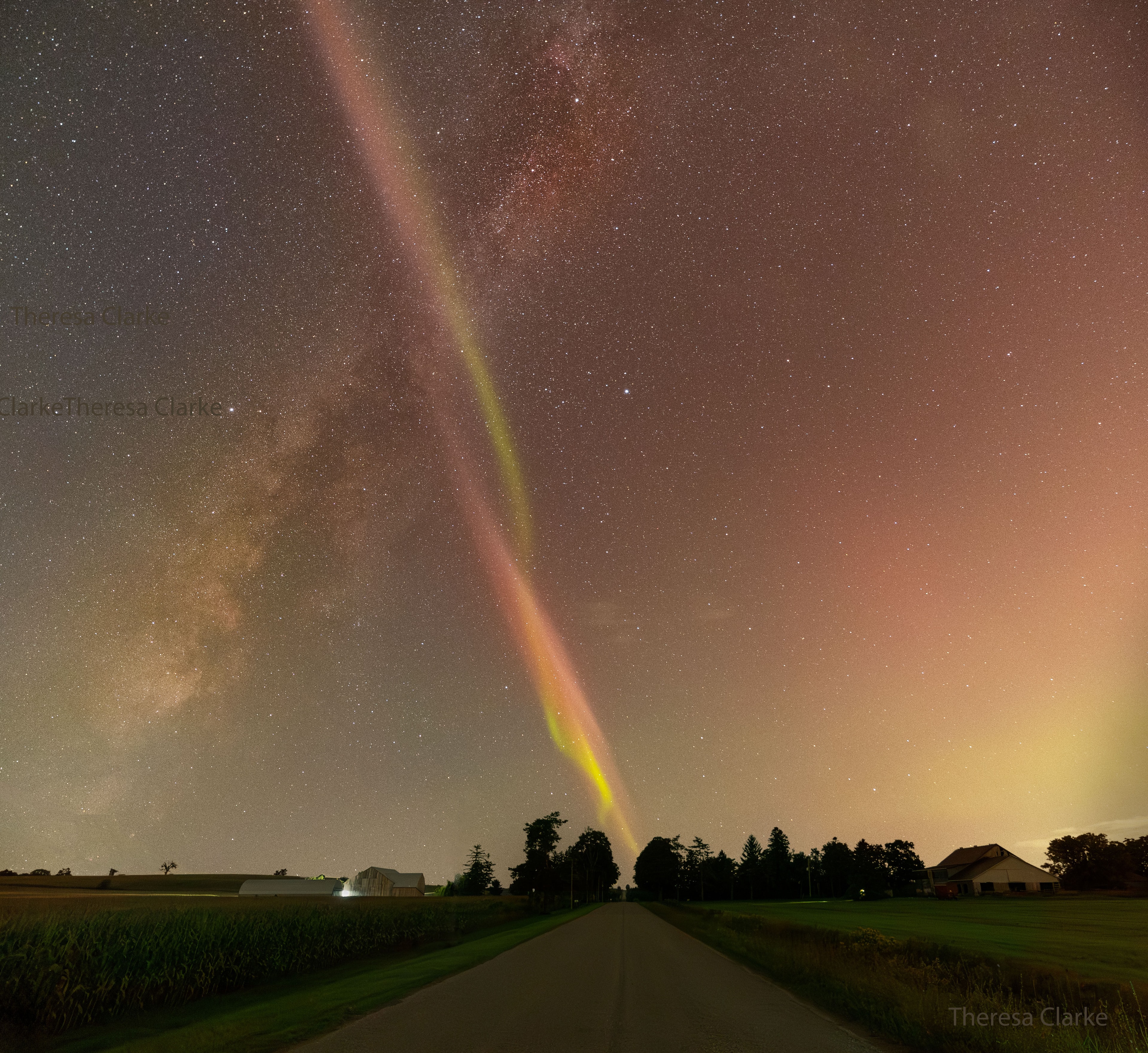 Not every road ends in a STEVE. A week ago, a sky enthusiast's journey began with a goal: to photograph an aurora over Lake Huron. Driving through rural Ontario, Canada, the forecasted sky show started unexpectedly early, causing the photographer to stop before arriving at the scenic Great Lake. Aurora images were taken toward the north -- but over land, not sea. While waiting for a second round of auroras, a peculiar band of light was noticed to the west.  Slowly, the photographer and friends realized that this western band was likely an unusual type of aurora: a Strong Thermal Emission Velocity Enhancement (STEVE). Moreover, this STEVE was putting on quite a show: appearing intertwined with the central band of our Milky Way Galaxy while intersecting the horizon just near the end of the country road. After capturing this cosmic X on camera, the photographer paused to appreciate the unexpected awesomeness of finding extraordinary beauty in an ordinary setting.     Your Sky Surprise: What picture did APOD feature on your birthday? (post 1995)