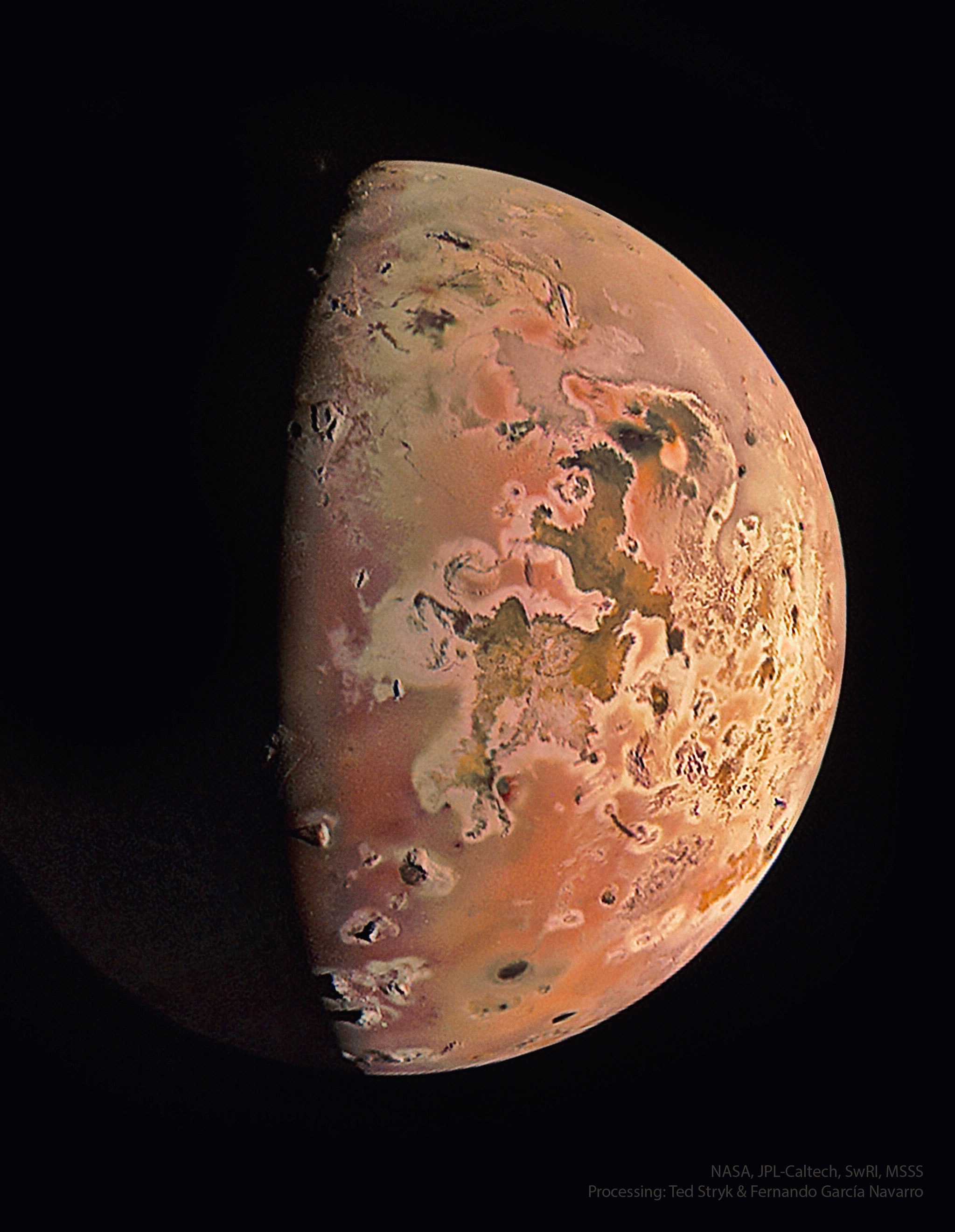 There goes another one!  Volcanoes on Jupiter's moon Io keep erupting. To investigate, NASA's robotic Juno spacecraft has begun a series of visits to this very strange moon. Io is about the size of Earth's moon, but because of gravitational flexing by Jupiter and other moons, Io's interior gets heated and its surface has become covered with volcanoes.  The featured image is from last week's flyby, passing within 12,000 kilometers above the dangerously active world. The surface of Io is covered with sulfur and frozen sulfur dioxide, making it appear yellow, orange and brown. As hoped, Juno flew by just as a volcano was erupting -- with its faint plume visible near the top of the featured image.  Studying Io's volcanoes and plumes helps humanity better understand how Jupiter's complex system of moons, rings, and auroras interact. Juno is scheduled to make two flybys of Io during the coming months that are almost 10 times closer: one in December and another in February 2024.   Help Wanted: Professional-astronomer level guest writers and assistant editors for APOD