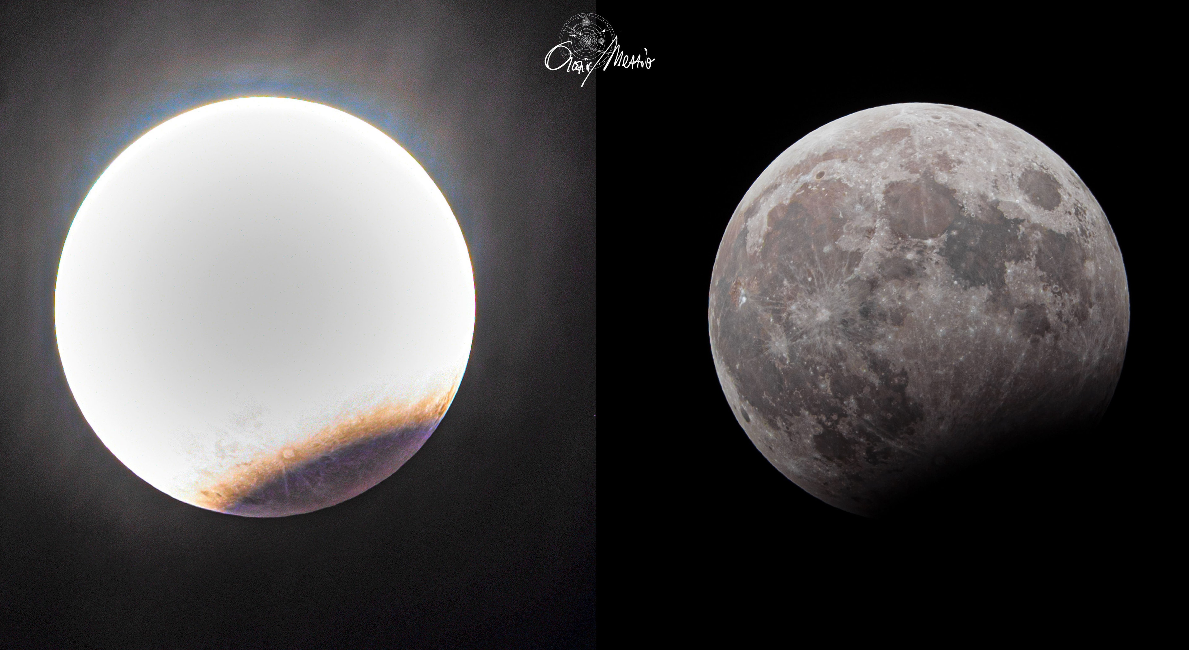 What's happened to the Moon?  Within the last day, part of the Moon moved through the Earth's shadow.  This happens about once or twice a year, but not every month since the Moon's orbit around the Earth is slightly tilted.  Pictured here, the face of a full Hunter's Moon is shown twice from Italy during this partial lunar eclipse.  On the left, most of the Moon appears overexposed except for the eclipsed bottom right, which shows some familiar lunar surface details. In contrast, on the right, most of the (same) Moon appears normally exposed, with the exception of the bottom right, which now appears dark. All lunar eclipses are visible from the half of the Earth facing the Moon at the time of the eclipse, but this eclipse was visible specifically from Europe, Africa, Asia, and Australia, clouds permitting. In April, a total solar eclipse will be visible from North America.   Album: Selected partial lunar eclipse images sent in to APOD