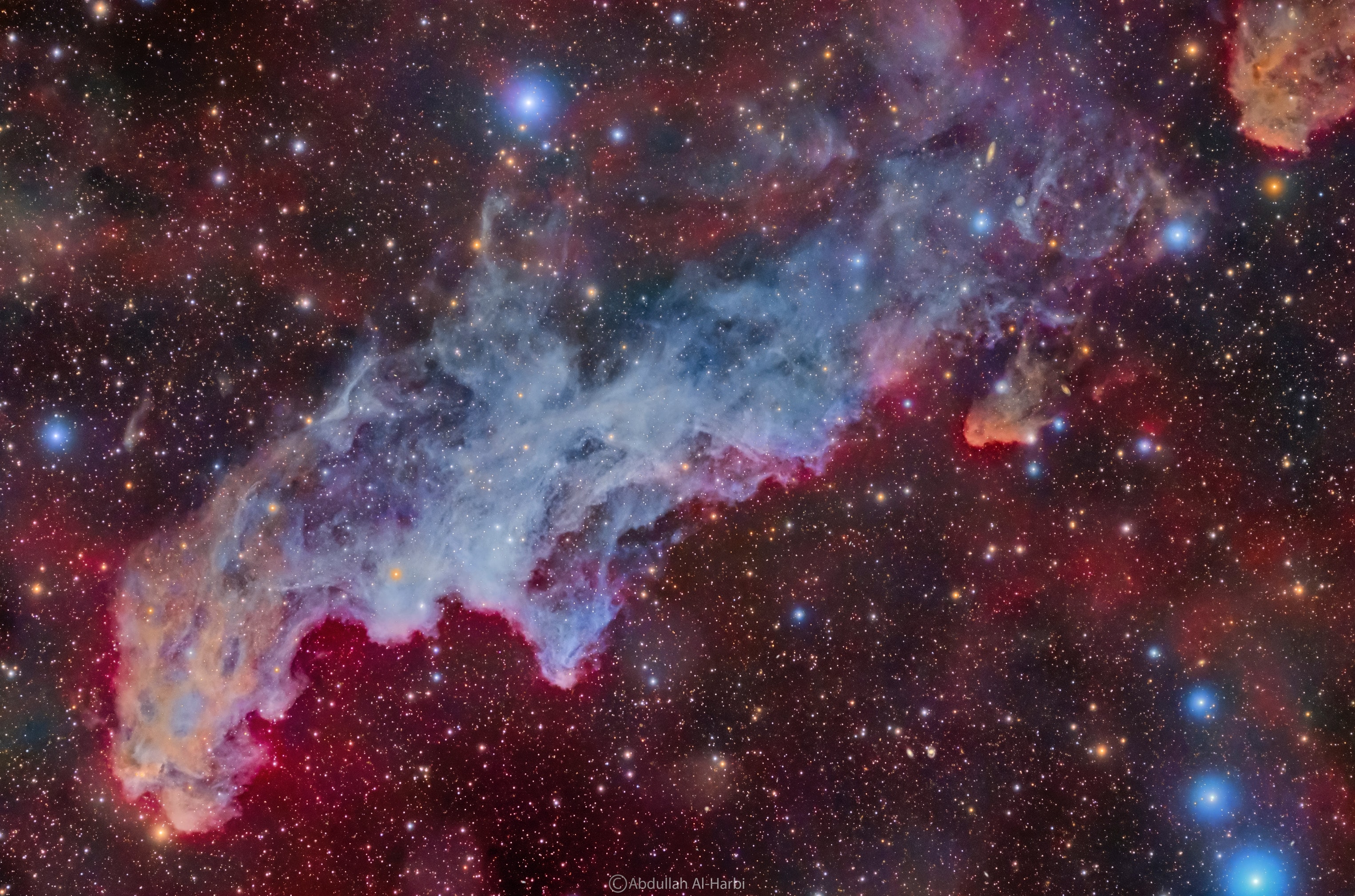 Does this nebula look like the head of a witch? The nebula is known popularly as the Witch Head Nebula because, it is said, the nebula's shape resembles a Halloween-style caricature of a witch's head. Exactly how, though, can be a topic of imaginative speculation.  What is clear is that IC 2118 is about 50 light-years across and made of gas and dust that points to -- because it has been partly eroded by -- the nearby star Rigel. One of the brighter stars in the constellation Orion, Rigel lies below the bottom of the featured image. The blue color of the Witch Head Nebula and is caused not only by Rigel's intense blue starlight but because the dust grains scatter blue light more efficiently than red.  The same physical process causes Earth's daytime sky to appear blue, although the scatterers in planet Earth's atmosphere are molecules of nitrogen and oxygen.