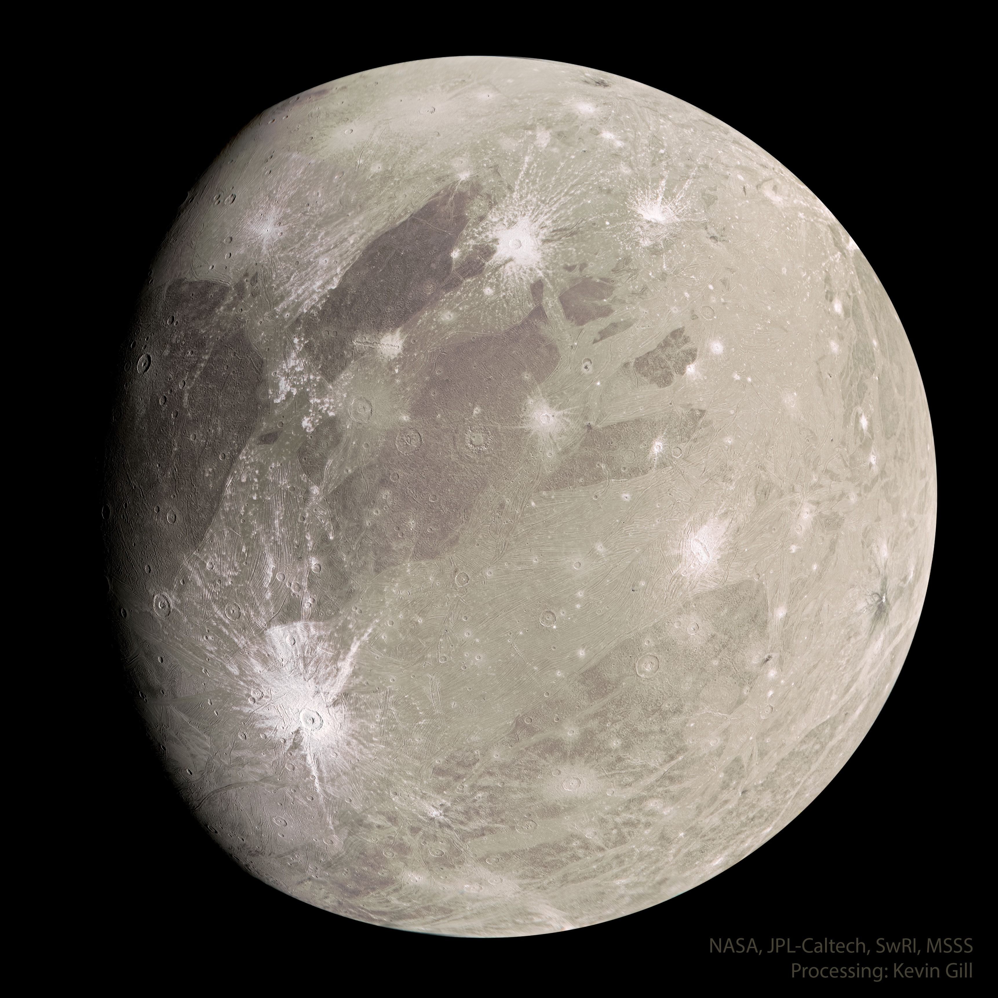 What does the largest moon in the Solar System look like?  Jupiter's moon Ganymede, larger than even Mercury and Pluto, has an icy surface speckled with bright young craters overlying a mixture of older, darker, more cratered terrain laced with grooves and ridges.  The cause of the grooved terrain remains a topic of research, with a leading hypothesis relating it to shifting ice plates.  Ganymede is thought to have an ocean layer that contains more water than Earth -- and might contain life.  Like Earth's Moon, Ganymede keeps the same face towards its central planet, in this case Jupiter.  The featured image was captured in 2021 by NASA's robotic Juno spacecraft when it passed by the immense moon.  The close pass reduced Juno's orbital period around Jupiter from 53 days to 43 days.  Juno continues to study the giant planet's high gravity, unusual magnetic field, and complex cloud structures.    Follow Podcasts about APOD's Images: on YouTube