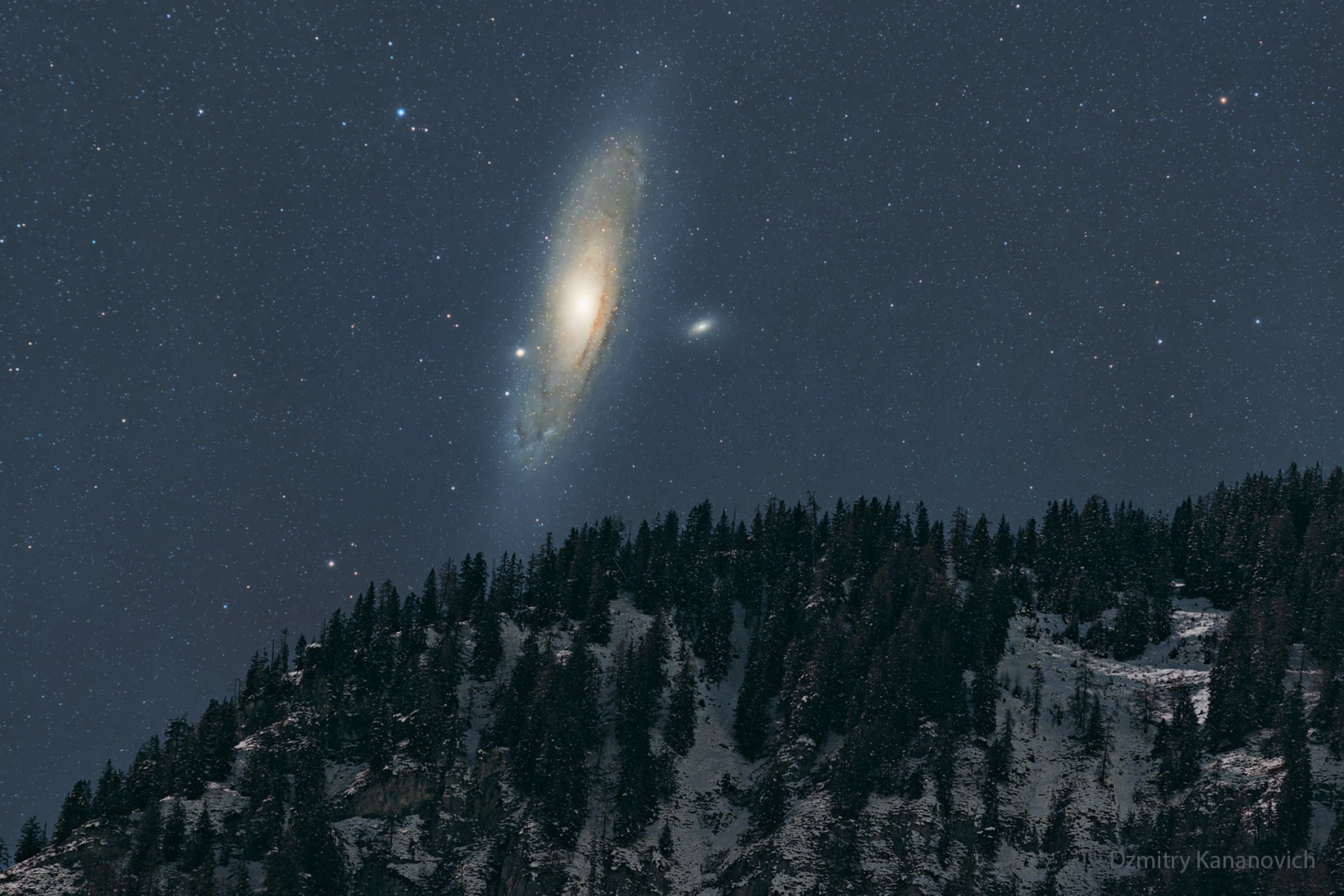 Have you ever seen the Andromeda galaxy? Although M31 appears as a faint and fuzzy blob to the unaided eye, the light you see will be over two million years old, making it likely the oldest light you ever will see directly. The featured image captured Andromeda just before it set behind the Swiss Alps early last year. As cool as it may be to see this neighboring galaxy to our Milky Way with your own eyes, long duration camera exposures can pick up many faint and breathtaking details. The image is composite of foreground and background images taken consecutively with the same camera and from the same location.  Recent data indicate that our Milky Way Galaxy will collide and coalesce with Andromeda galaxy in a few billion years.   Follow APOD on Facebook in: Arabic, English, Catalan, Portuguese, or Taiwanese