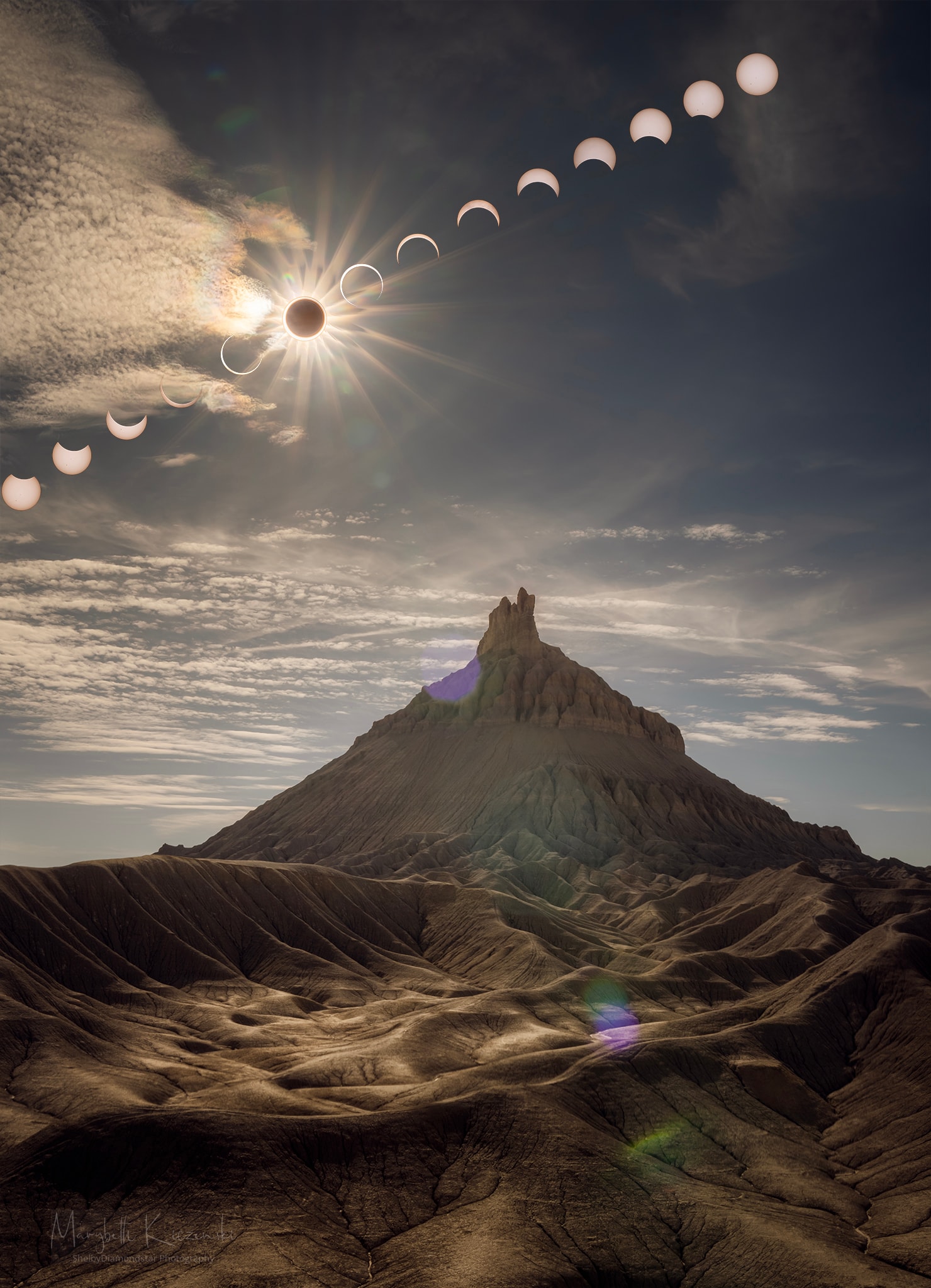 Part of the Sun disappeared earlier this month, but few people were worried. The missing part, which included the center from some locations, just went behind the Moon in what is known as an annular solar eclipse.  Featured here is an eclipse sequence taken as the Moon was overtaking the rising Sun in the sky. The foreground hill is Factory Butte in Utah, USA. The rays flaring out from the Sun are not real -- they result from camera aperture diffraction and are known as sunstar. The Moon is real, but appears only in silhouette in this ring-of-fire eclipse. As stunning as this eclipse sequence is, it was considered just practice by the astrophotographer.  The reason? She hopes to use this experience to better photograph the total solar eclipse that will occur over North America on April 8, 2024.   Apply today (USA): Become a NASA Partner Eclipse Ambassador  Eclipse Album: Selected images sent in to APOD