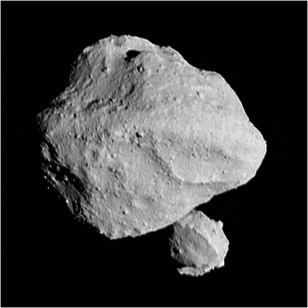 Last Wednesday the voyaging Lucy spacecraft encountered its first asteroid, 152830 Dinkinesh, and discovered the inner-main belt asteroid has a moon. From a distance of just over 400 kilometers, Lucy's Long-Range Reconnaissance Imager captured this close-up of the binary system during a flyby at 4.5 kilometer per second or around 10,000 miles per hour. A marvelous world, Dinkinesh itself is small, less than 800 meters (about 0.5 miles) across at its widest. Its satellite is seen from the spacecraft's perspective to emerge from behind the primary asteroid. The asteroid moon is estimated to be only about 220 meters wide.