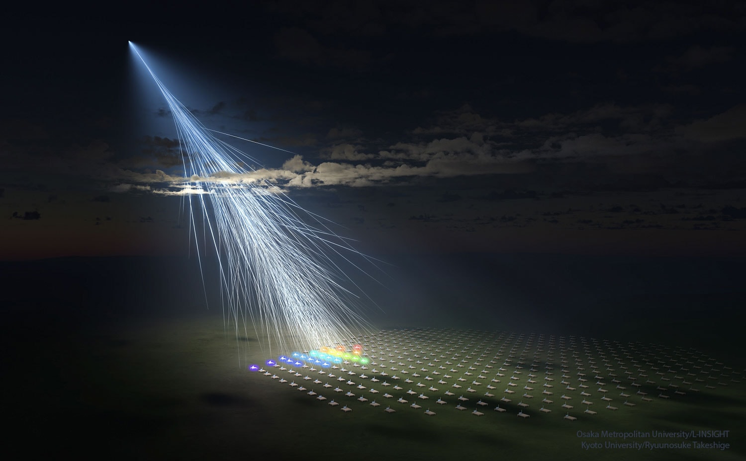 It was one of the most energetic particles ever known to strike the Earth -- but where did it come from?  Dubbed Amaterasu after the Shinto sun goddess, this particle, as do all cosmic rays that strike the Earth's atmosphere, caused an air shower of electrons, protons, and other elementary particles to spray down onto the Earth below. In the featured illustration, a cosmic ray air shower is pictured striking the Telescope Array in Utah, USA, which recorded the Amaterasu event in 2021 May.  Cosmic ray air showers are common enough that you likely have been in a particle spray yourself, although you likely wouldn't have noticed.  The origin of this energetic particle, likely the nucleus of an atom, remains a mystery in two ways. First, it is not known how any single particle or atomic nucleus can practically acquire so much energy, and second, attempts to trace the particle back to where it originated did not indicate any likely potential source.    Open Science: Browse 3,200+ codes in the Astrophysics Source Code Library