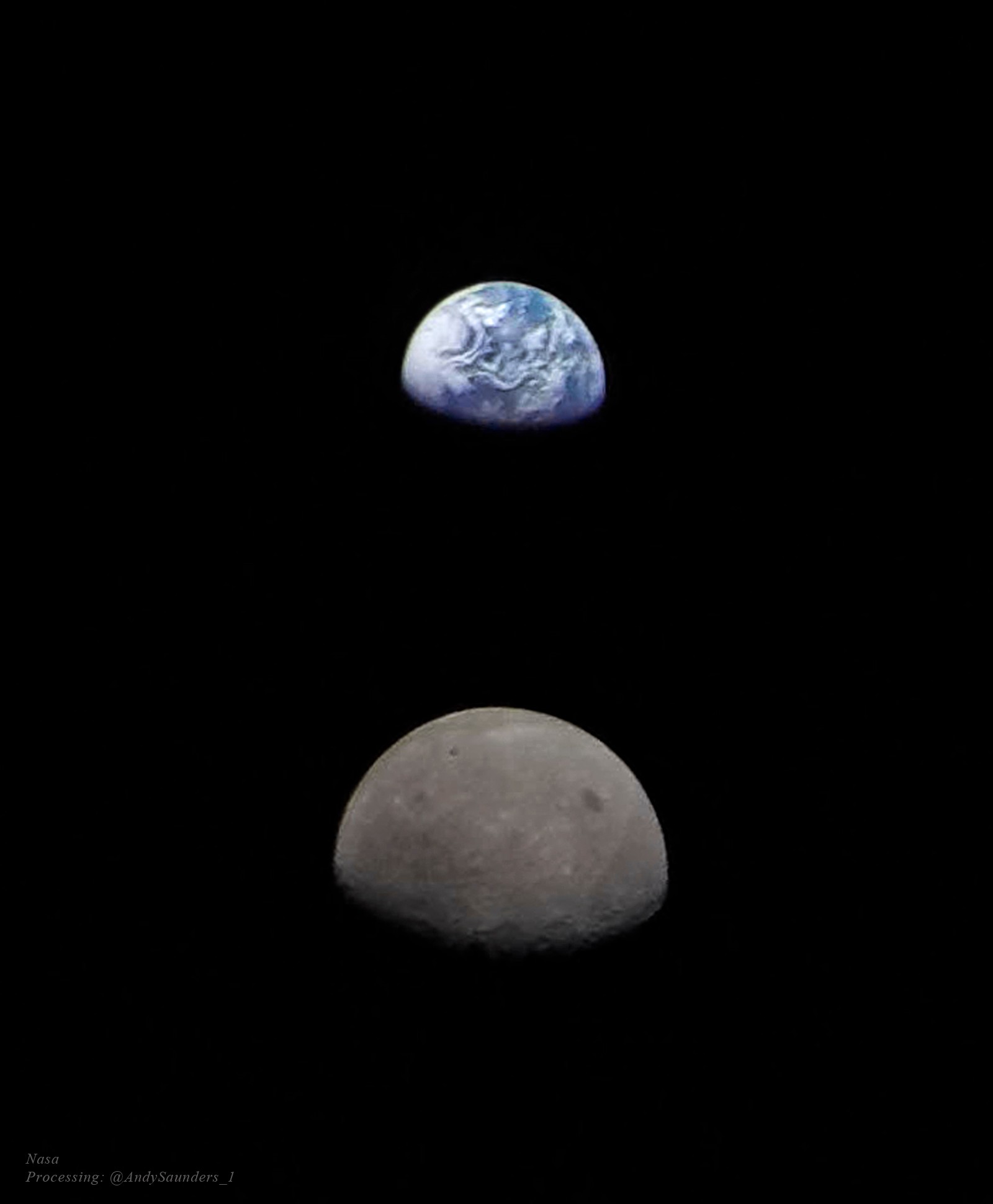 What do the Earth and Moon look like from beyond the Moon? Although frequently photographed together, the familiar duo was captured with this unusual perspective in late 2022 by the robotic Orion spacecraft of NASA's Artemis I mission as it looped around Earth's most massive satellite and looked back toward its home world. Since our Earth is about four times the diameter of the Moon, the satellite’s seemingly large size was caused by the capsule being closer to the smaller body. Artemis II, the next launch in NASA’s Artemis series, is currently scheduled to take people around the Moon in 2025, while Artemis III is planned to return humans to lunar surface in late 2026. Last week,  JAXA's robotic SLIM spacecraft, launched from Japan, landed on the Moon and released two hopping rovers.   Explore Your Universe: Random APOD Generator