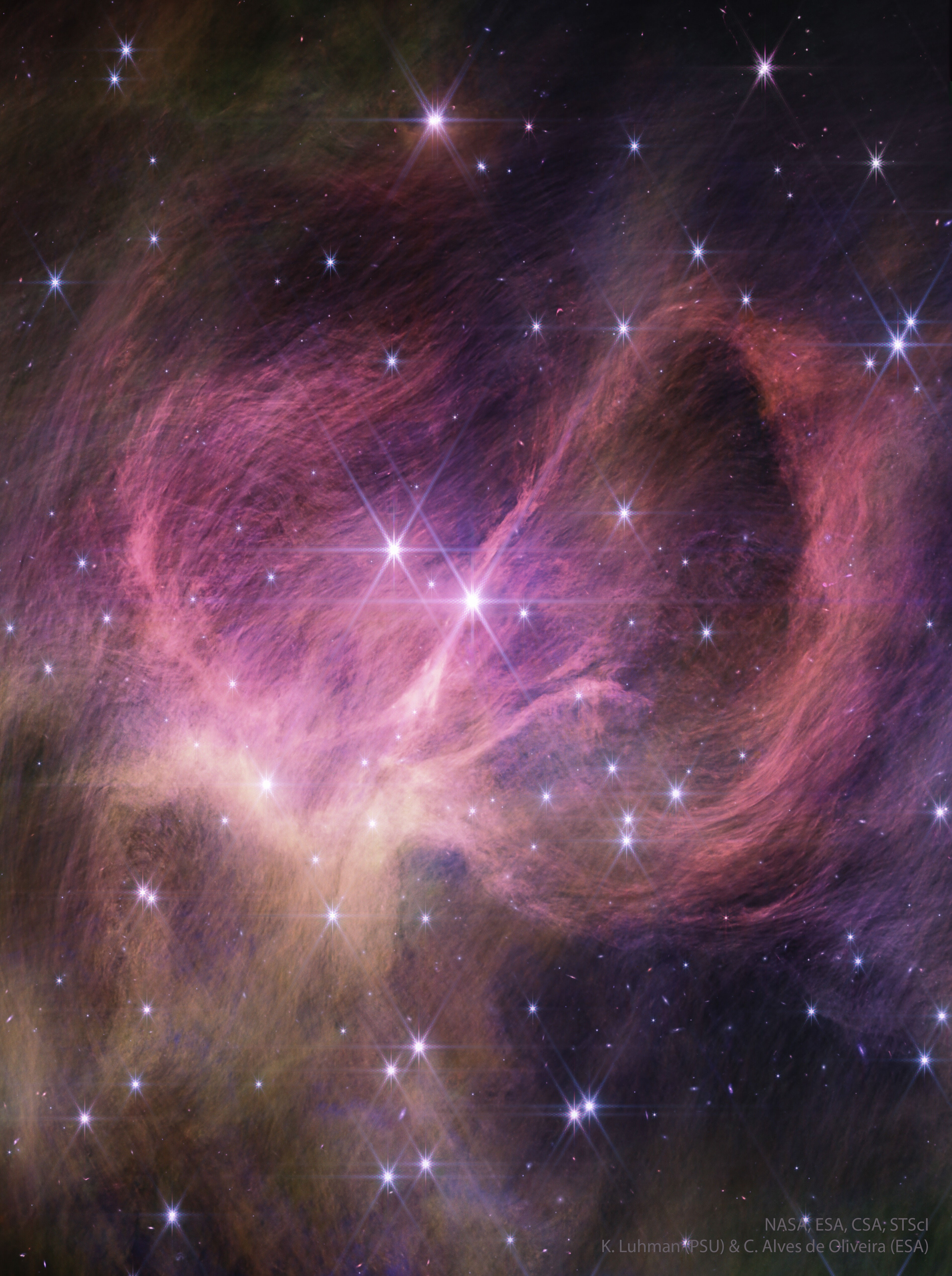 Sometimes, it's the stars that are the hardest to see that are the most interesting. IC 348 is a young star cluster that illuminates surrounding filamentary dust.  The stringy and winding dust appears pink in this recently released infrared image from the Webb Space Telescope. In visible light, this dust reflects mostly blue light, giving the surrounding material the familiar blue hue of a reflection nebula.  Besides bright stars, several cool objects have been located in IC 348, visible because they glow brighter in infrared light.  These objects are hypothesized to be low mass brown dwarfs.  Evidence for this includes the detection of an unidentified atmospheric chemical, likely a hydrocarbon, seen previously in the atmosphere of Saturn. These objects appear to have masses slightly greater than known planets, only a few times greater than Jupiter.  Together, these indicate that this young star cluster contains something noteworthy -- young planet-mass brown dwarfs that float free, not orbiting any other star.