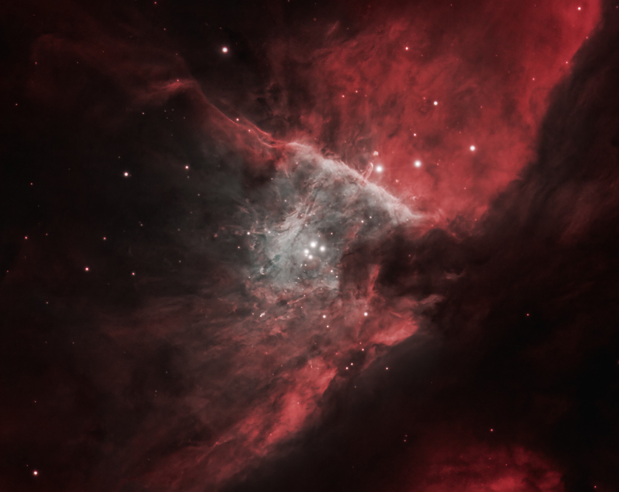 Near the center of this sharp cosmic portrait, at the heart of the Orion Nebula, are four hot, massive stars known as the Trapezium. Gathered within a region about 1.5 light-years in radius, they dominate the core of the dense Orion Nebula Star Cluster. Ultraviolet ionizing radiation from the Trapezium stars, mostly from the brightest star Theta-1 Orionis C powers the complex star forming region's entire visible glow. About three million years old, the Orion Nebula Cluster was even more compact in its younger years and a dynamical study indicates that runaway stellar collisions at an earlier age may have formed a black hole with more than 100 times the mass of the Sun. The presence of a black hole within the cluster could explain the observed high velocities of the Trapezium stars. The Orion Nebula's distance of some 1,500 light-years would make it one of the closest known black holes to planet Earth.