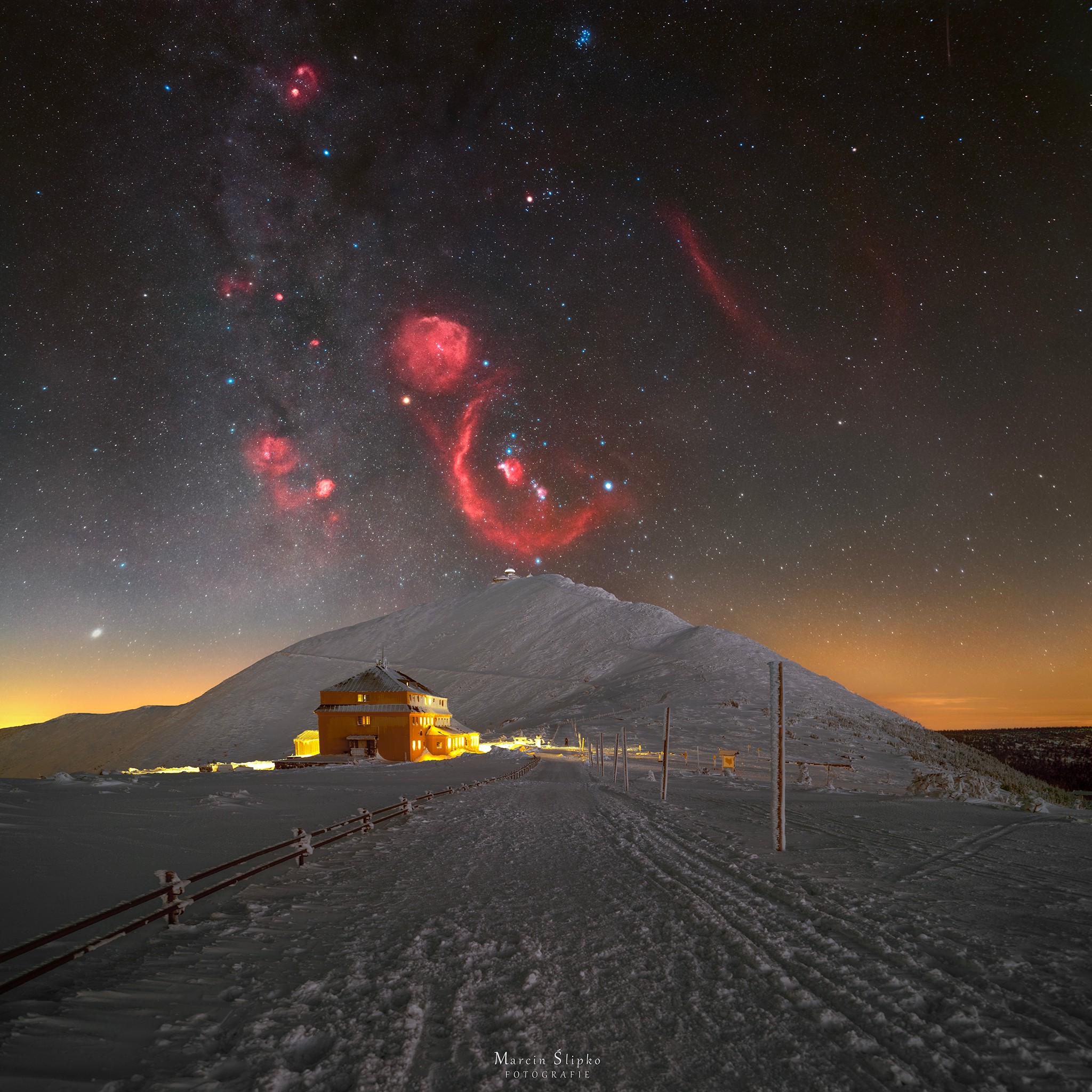 What does Orion rising look like to a camera? During this time of the year, the famous constellation is visible to the southeast just after sunset. From most Earthly locations, Orion's familiar star pattern, highlighted by the three-stars-in-a-row belt stars, rises sideways. An entire section of the night sky that includes Orion was photographed rising above Śnieżka, a mountain on the border between Poland and the Czech Republic.  The long duration exposure sequence brings up many faint features including the Orion and Flame Nebulas, both encompassed by the curving Barnard's Loop. The featured wide-angle camera composite also captured night sky icons including the blue Pleiades star cluster at the image top and the red Rosette Nebula to the left of Orion. Famous stars in the frame include Procyon, Betelgeuse, Rigel and Aldebaran. Orion will appear successively higher in the sky at sunset during the coming months.