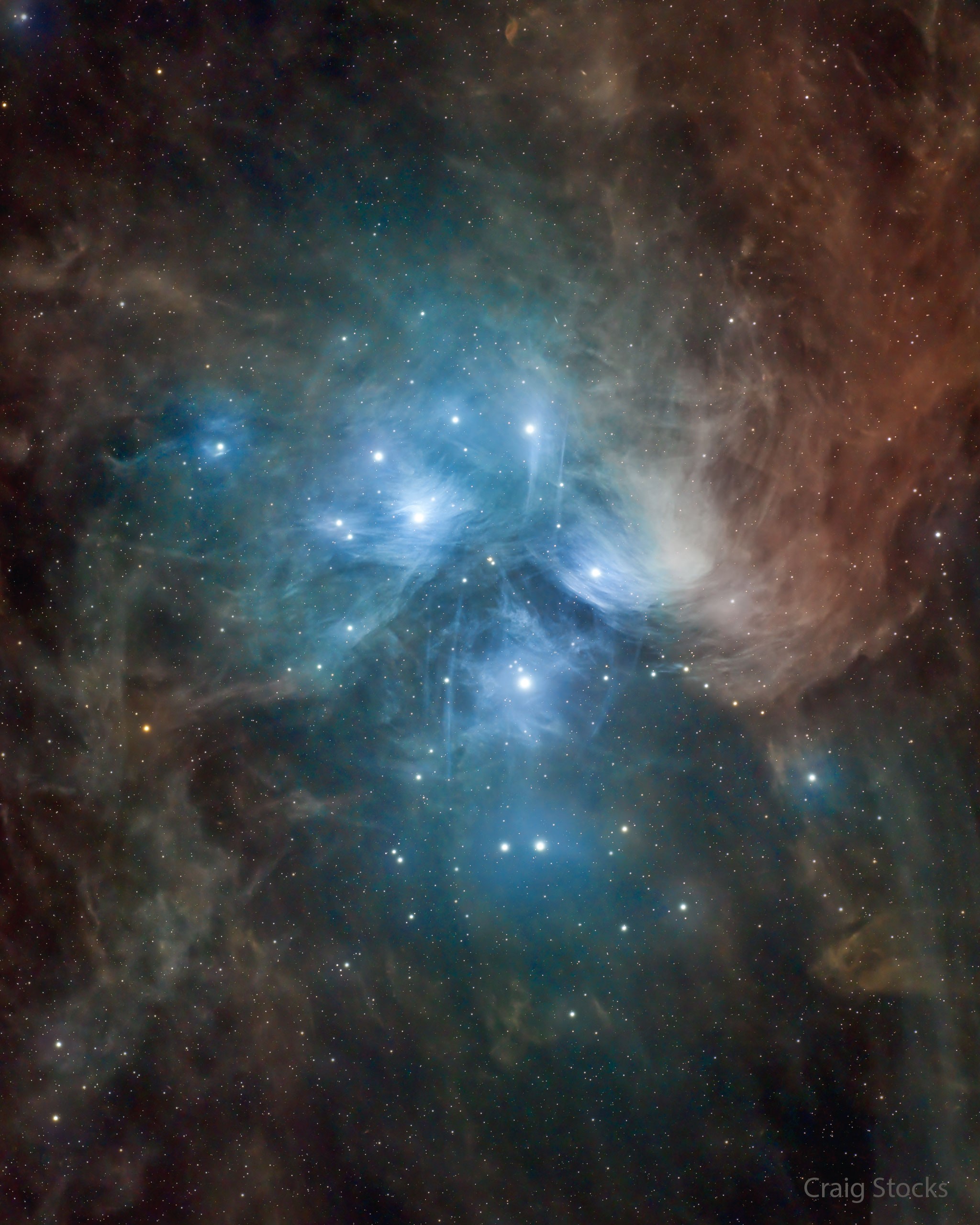 The well-known Pleiades star cluster is slowly destroying part of a passing cloud of gas and dust. The Pleiades is the brightest open cluster of stars on Earth's sky and can be seen from almost any northerly location with the unaided eye.  Over the past 100,000 years, a field of gas and dust is moving by chance right through the Pleiades star cluster and is causing a strong reaction between the stars and dust. The passing cloud might be part of the Radcliffe wave, a newly discovered structure of gas and dust connecting several regions of star formation in the nearby part of our Milky Way galaxy.  Pressure from the stars' light significantly repels the dust in the surrounding blue reflection nebula, with smaller dust particles being repelled more strongly.  A short-term result is that parts of the dust cloud have become filamentary and stratified. The featured deep image incorporates nearly 9 hours of exposure and was captured from Utah Desert Remote Observatory in Utah, USA, last year.