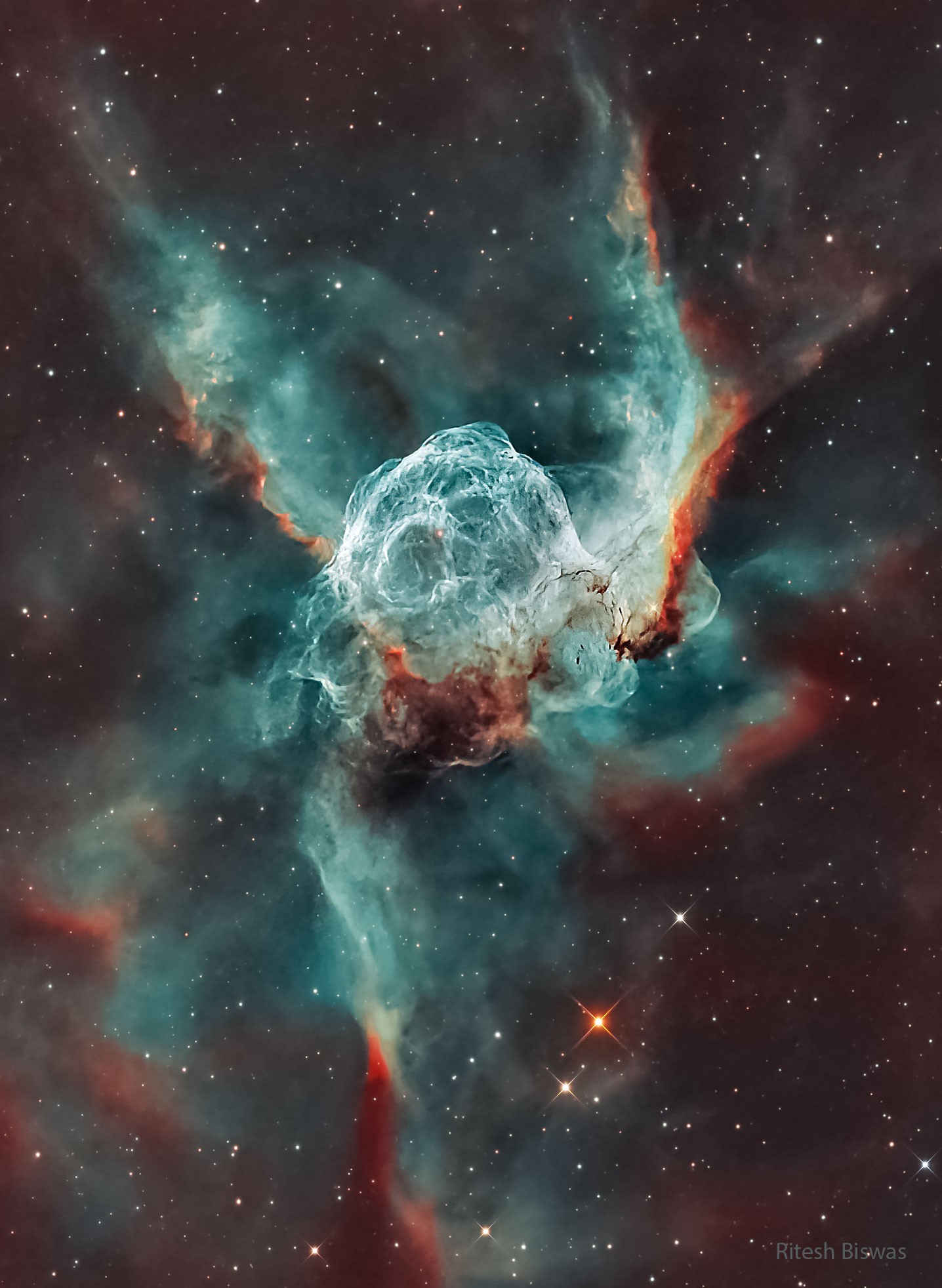 Thor not only has his own day (Thursday), but a helmet in the heavens.  Popularly called Thor's Helmet, NGC 2359 is a hat-shaped cosmic cloud with wing-like appendages. Heroically sized even for a Norse god, Thor's Helmet is about 30 light-years across. In fact, the cosmic head-covering is more like an interstellar bubble, blown with a fast wind from the bright, massive star near the bubble's center. Known as a Wolf-Rayet star, the central star is an extremely hot giant thought to be in a brief, pre-supernova stage of evolution. NGC 2359 is located about 15,000 light-years away toward the constellation of the Great Overdog. This remarkably sharp image is a mixed cocktail of data from  narrowband filters, capturing not only natural looking stars but details of the nebula's filamentary structures. The star in the center of Thor's Helmet is expected to explode in a spectacular supernova sometime within the next few thousand years.