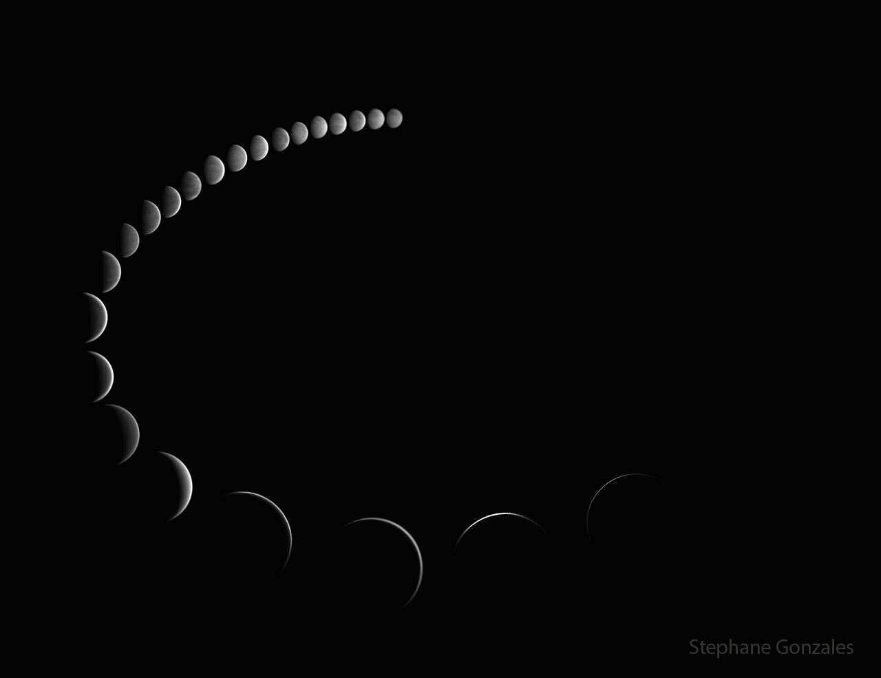 Venus goes through phases.  Just like our Moon, Venus can appear as a full circular disk, a thin crescent, or anything in between.  Venus, frequently the brightest object in the post-sunset or pre-sunrise sky, appears so small, however, that it usually requires binoculars or a small telescope to clearly see its current phase.  The featured time-lapse sequence was taken over the course of six months in 2015 from Surgères, Charente-Maritime, France, and shows not only how Venus changes phase, but changes angular size as well. When Venus is on the far side of the Sun from the Earth, it appears angularly smallest and nearest to full phase, while when Venus and Earth are on the same side of the Sun, Venus appears larger, but as a crescent. This month Venus rises before dawn in waxing gibbous phases.    Free APOD Lecture: January 9, 2024 to the Amateur Astronomers of Association of New York