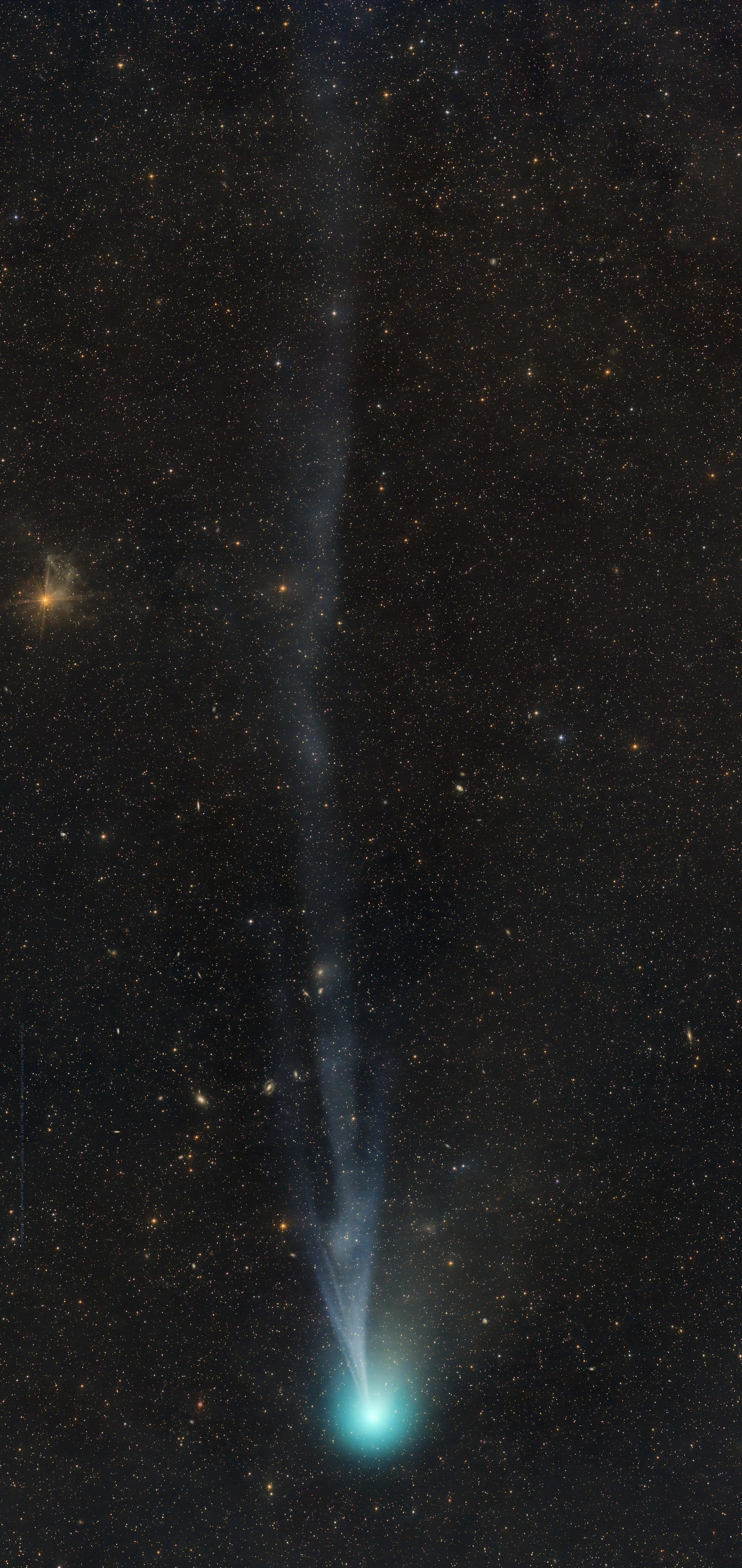 Heading for its next perihelion passage on April 21, Comet 12P/Pons-Brooks is growing brighter. The greenish coma of this periodic Halley-type comet has become relatively easy to observe in small telescopes. But the bluish ion tail now streaming from the active comet's coma and buffeted by the solar wind, is faint and difficult to follow. Still, in this image stacked exposures made on the night of February 11 reveal the fainter tail's detailed structures. The frame spans over two degrees across a background of faint stars and background galaxies toward the northern constellation Lacerta. Of course Comet 12P's April 21 perihelion passage will be only two weeks after the April 8 total solar eclipse, putting the comet in planet Earth's sky along with a totally eclipsed Sun.