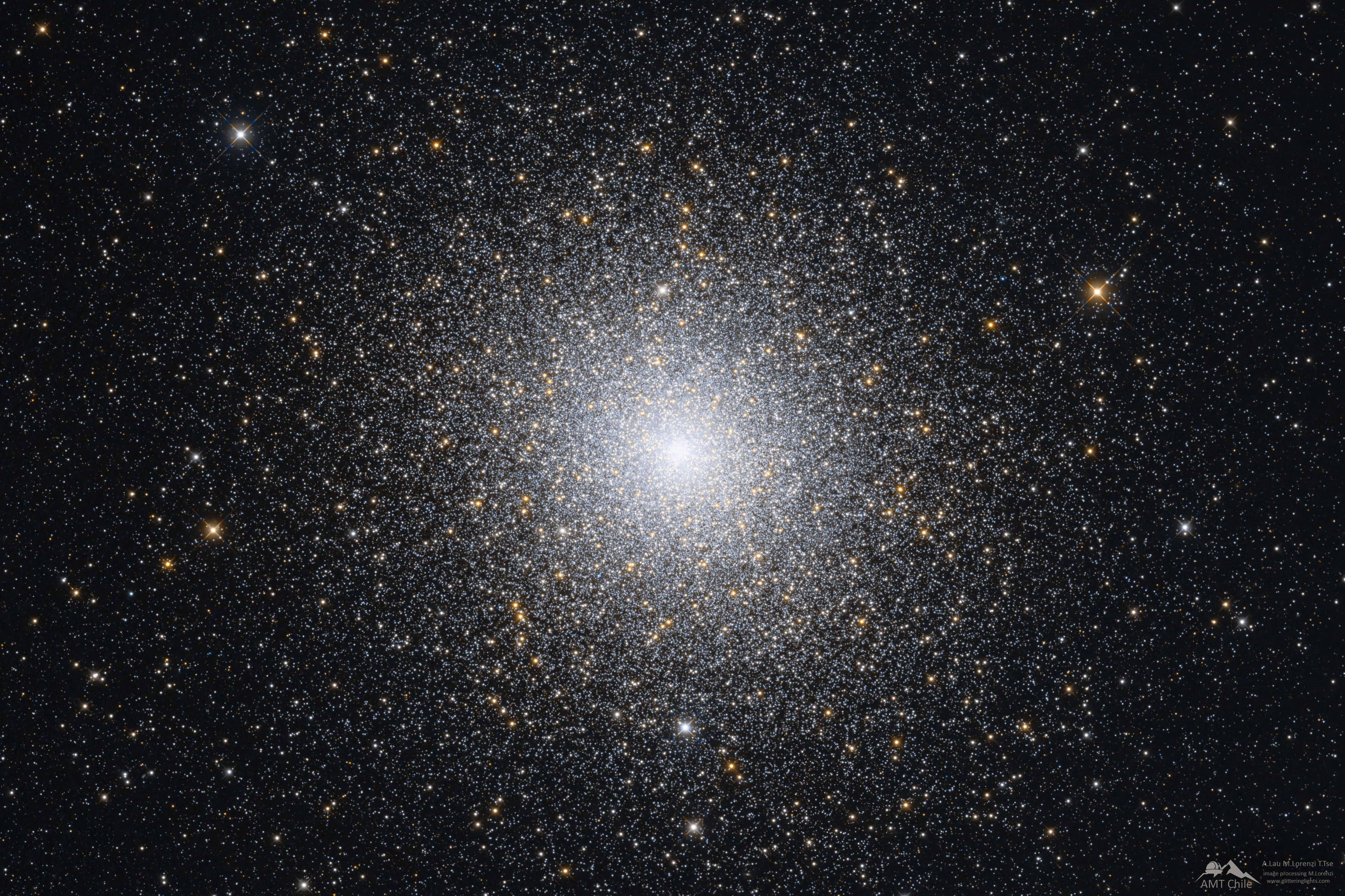 Globular star cluster 47 Tucanae is a jewel of the southern sky. Also known as NGC 104, it roams the halo of our Milky Way Galaxy along with some 200 other globular star clusters. The second brightest globular cluster (after Omega Centauri) as seen from planet Earth, 47 Tuc lies about 13,000 light-years away. It can be spotted with the naked-eye close on the sky to the Small Magellanic Cloud in the constellation of the Toucan. The dense cluster is made up of hundreds of thousands of stars in a volume only about 120 light-years across. Red giant stars on the outskirts of the cluster are easy to pick out as yellowish stars in this sharp telescopic portrait. Tightly packed globular cluster 47 Tuc is also home to a star with the closest known orbit around a black hole.