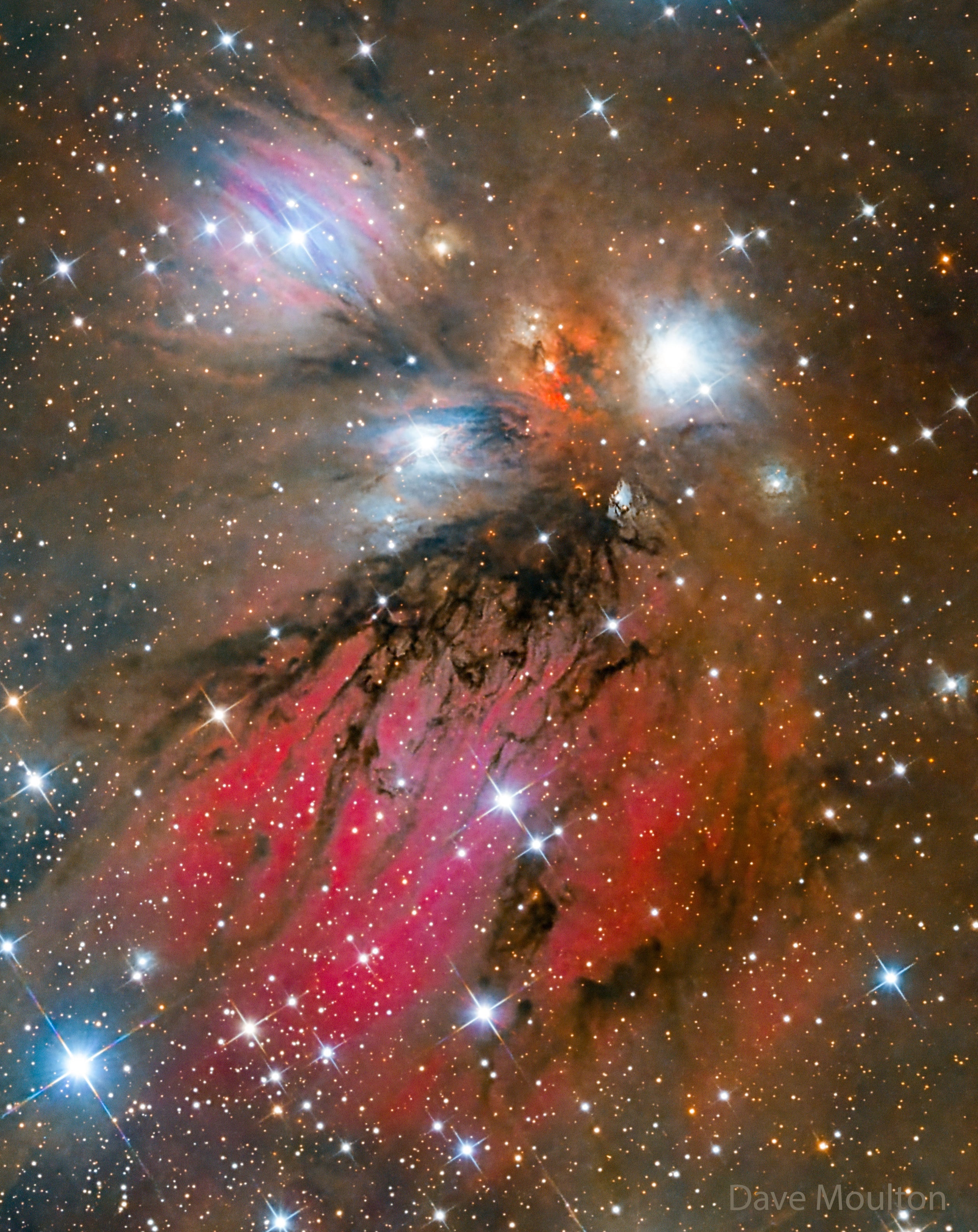 Is this a painting or a photograph? In this celestial abstract art composed with a cosmic brush, dusty nebula NGC 2170, also known as the Angel Nebula, shines just above the image center. Reflecting the light of nearby hot stars, NGC 2170 is joined by other bluish reflection nebulae, a red emission region, many dark absorption nebulae, and a backdrop of colorful stars. Like the common household items that abstract painters often choose for their subjects, the clouds of gas, dust, and hot stars featured here are also commonly found in a setting like this one --  a massive, star-forming molecular cloud in the constellation of the Unicorn (Monoceros). The giant molecular cloud, Mon R2, is impressively close, estimated to be only 2,400 light-years or so away. At that distance, this canvas would be over 60 light-years across.