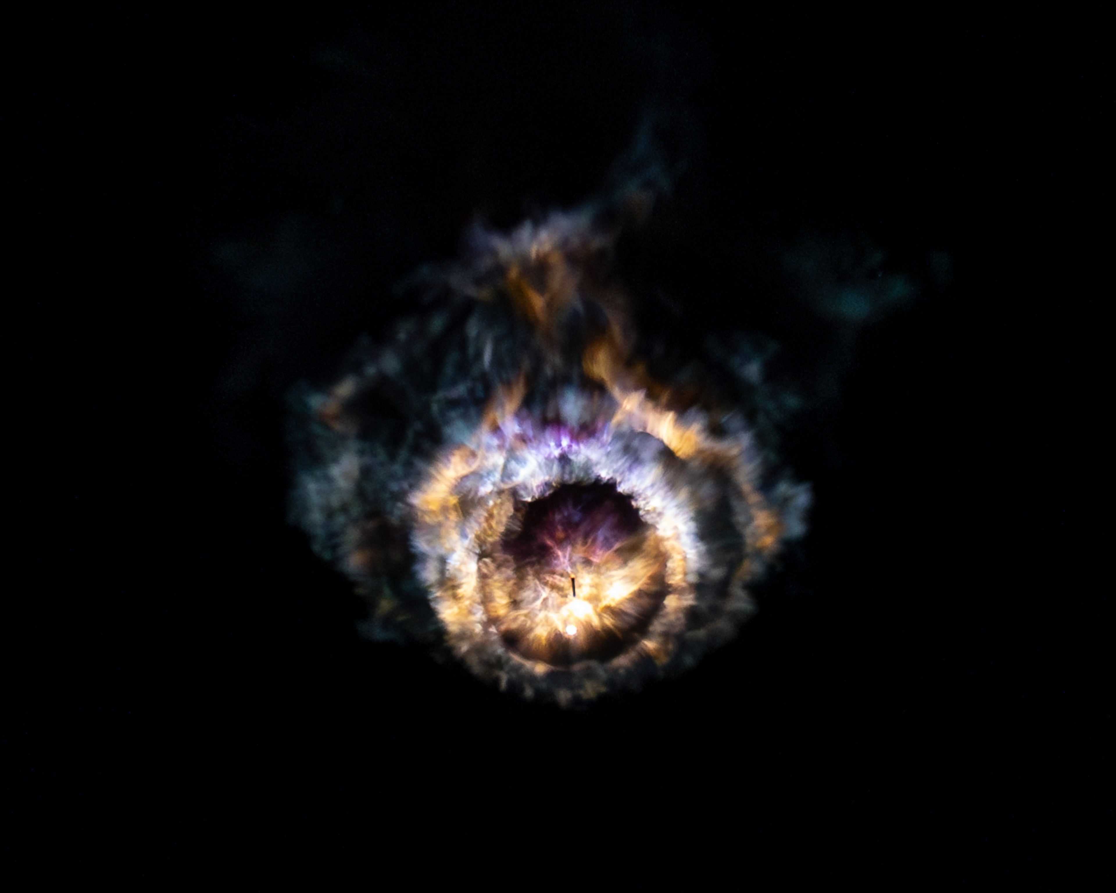 Not the James Webb Space Telescope's latest view of a distant galactic nebula, this cloud of gas and dust dazzled spacecoast skygazers on March 3. The telephoto snapshot was taken minutes after the launch of a Falcon 9 rocket on the SpaceX Crew-8 mission to the International Space Station. It captures plumes and exhaust from the separated first and second stages, a drifting Rorschach pattern in dark evening skies.  The bright spot near bottom center within the stunning terrestrial nebulosity is the second stage engine firing to carry 4 humans to space in the Crew Dragon spacecraft Endeavour. In sharp silhouette just above it is the Falcon 9 first stage booster orienting itself for return to a landing zone at Cape Canaveral, planet Earth. This reuseable first stage booster was making its first flight. But the Crew Dragon Endeavour capsule has flown humans to low Earth orbit and back again 4 times before. Endeavour, as a name for a spacecraft, has also seen reuse, christening retired Space Shuttle Endeavour and the Apollo 15 command module.